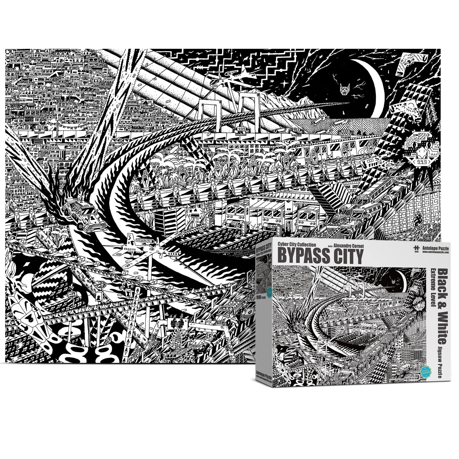 Antelope - 1000 Piece Puzzle For Adults, Cyber City Black & White Metropolitan Jigsaw Puzzles 1000 Pieces Hell Difficulty, High Resolution, Matte Finish, Smooth Edging, No Dust Puzzle
