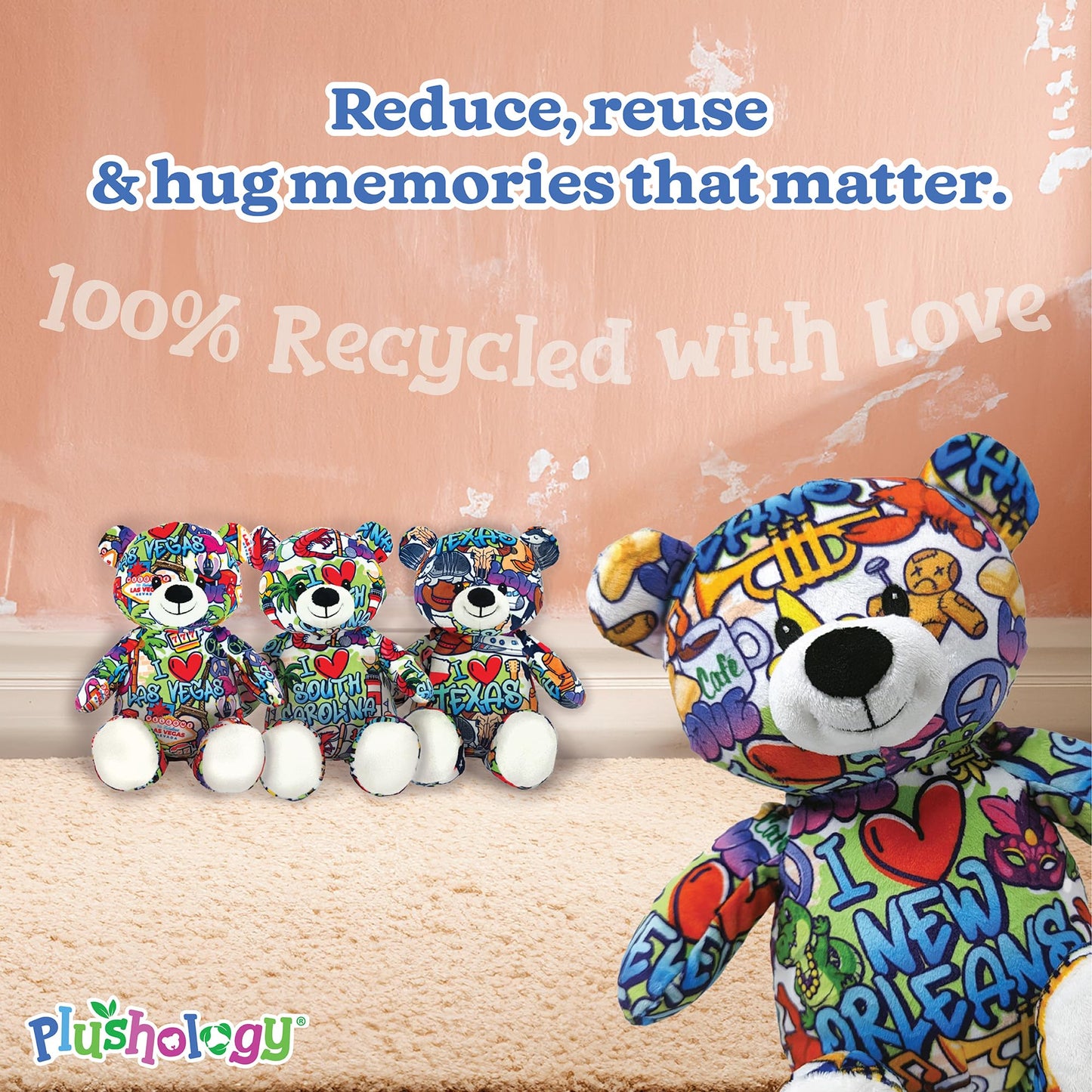 PLUSHOLOGY I Love New Orleans Graffiti Teddy Bear Eco Friendly Stuffed Animal; Cuddly Soft Velboa Plush Animal for Kids 3 Years Old to mature-themeds; Child-Safe Embroidered Eyes (10 Tall When Seated)