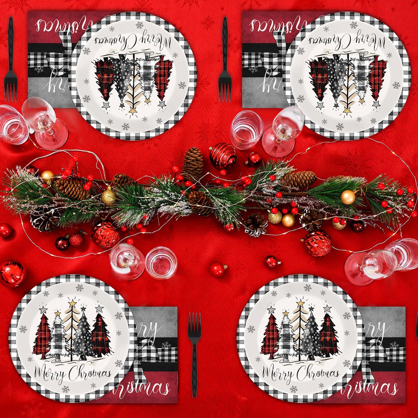 GOLDGAO 200 PCS Christmas Paper Plates Napkins Party Set Buffalo Plaid Xmas Tree Snowman Dinnerware Plate and Napkin Sets for Xm