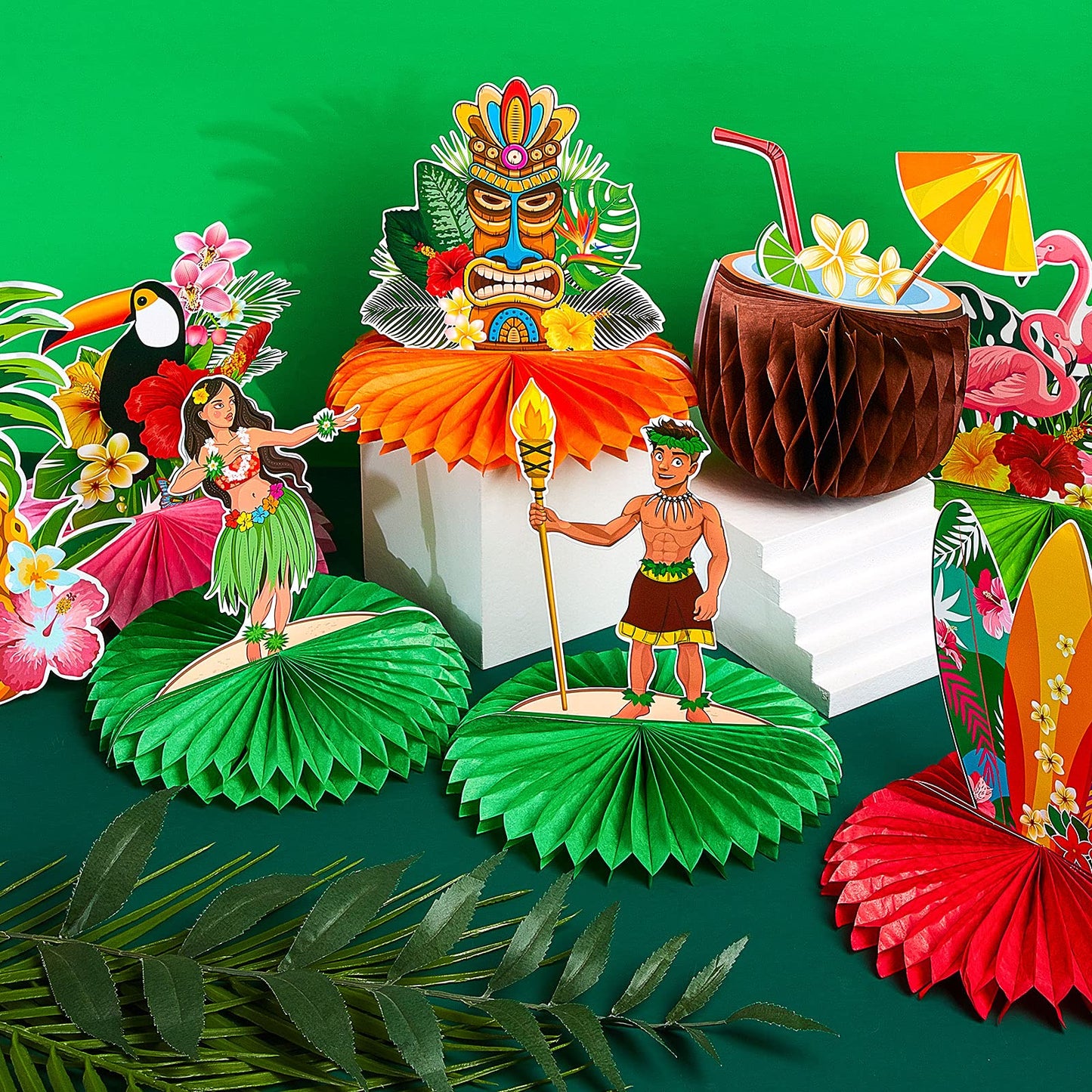 10 Pieces Hawaiian Luau Honeycomb Table Centerpiece Tiki Honeycomb Centerpieces Tropical Table Centerpiece 3D Flamingo Table Dec
