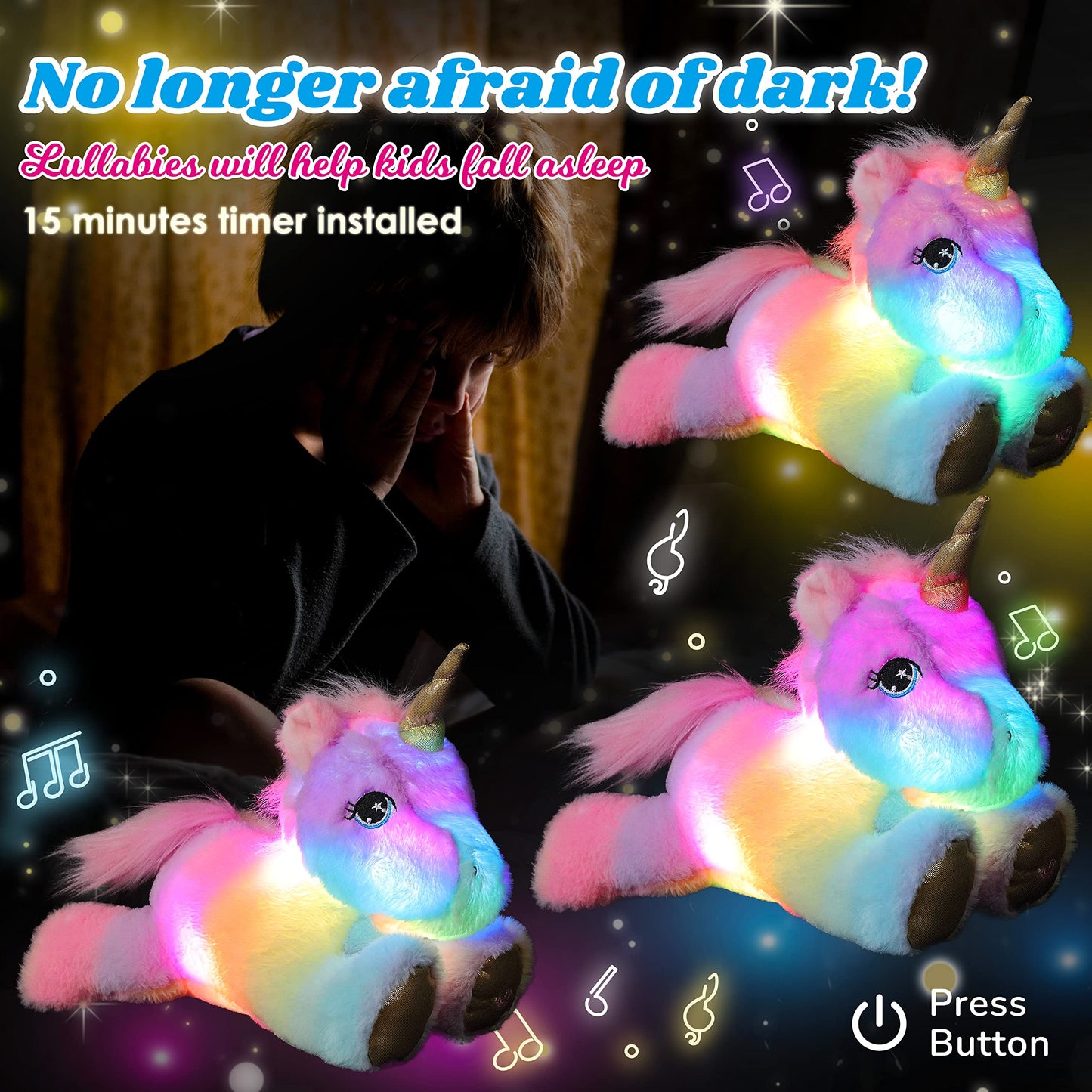 Cuteoy Plush Unicorn Nightlight Toy, 13" Pink Fabric, LED Glowing, Singing Lullabies, Perfect Gift for Kids, Boys & Girls