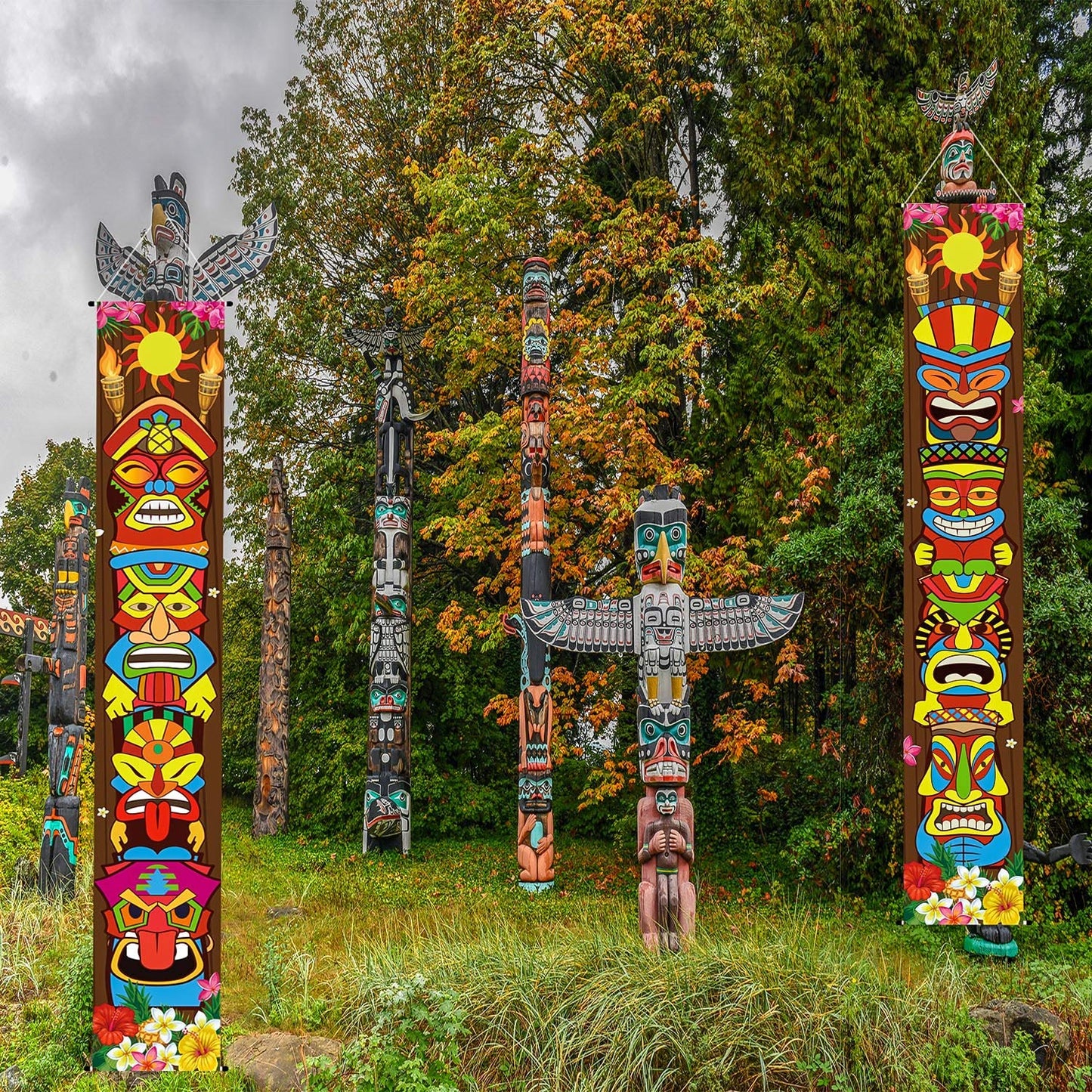 Frienda Hawaiian Luau Party Decoration Supplies Tiki Banner Tiki Totem Door Sign for Hawaii Tropical Decoration Aloha Tropical B