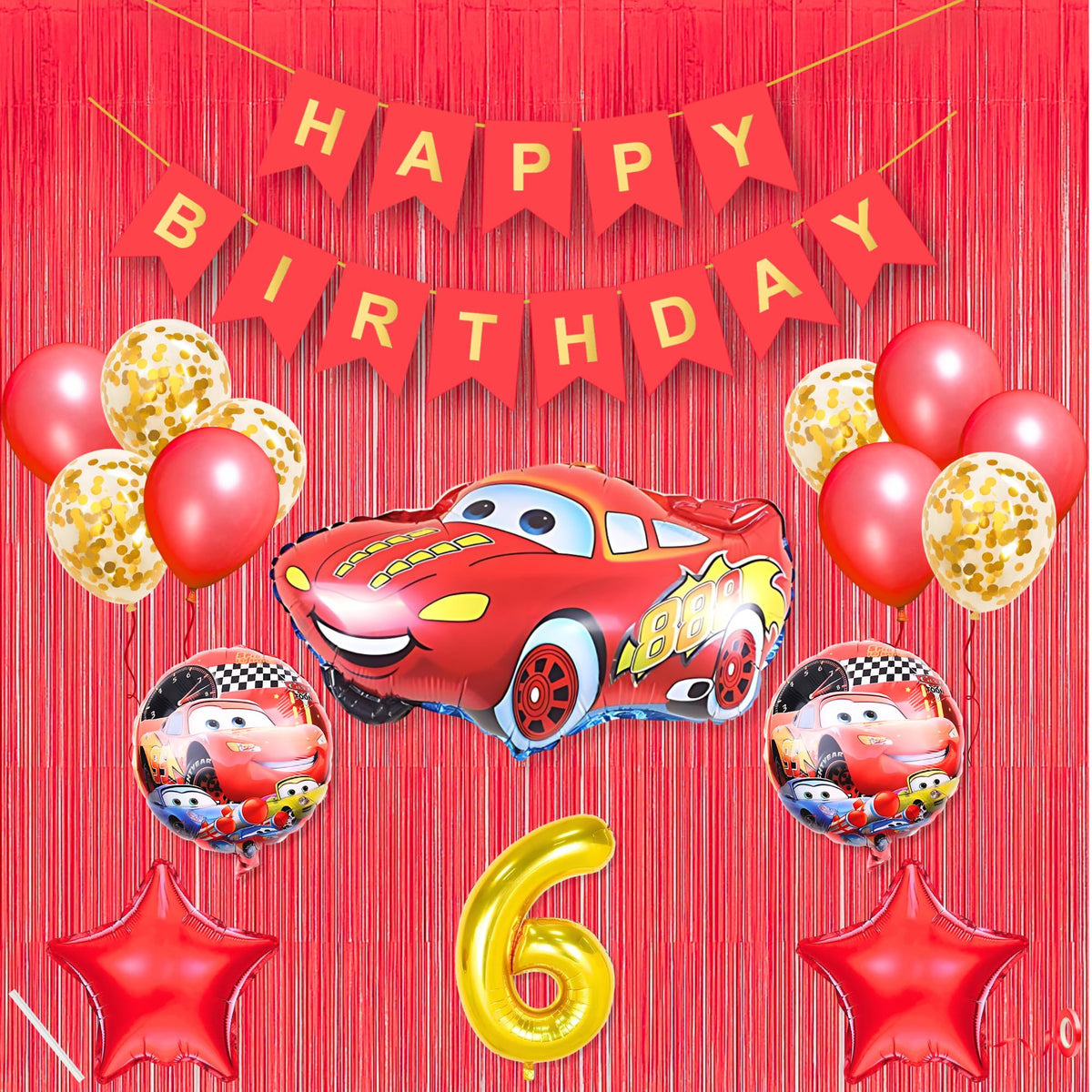 6th Car Theme Happy Birthday Banner Decoration Red for 6 year Old Baby Boys Girls Kids 5 Pc Lightning Macqueen Theme 10 Pc Confe