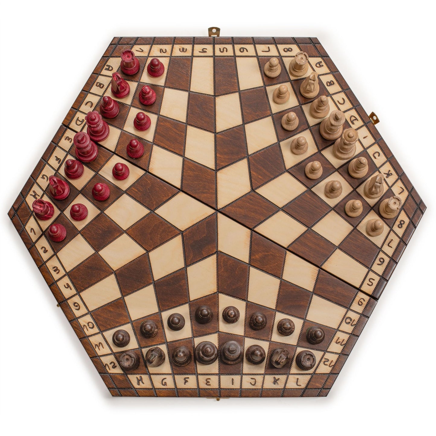 Husaria Wooden Three-Player Chess Game Set - 21 Inches - With Foldable Board, Handcrafted Playing Pieces, And Felt-Lined Storage