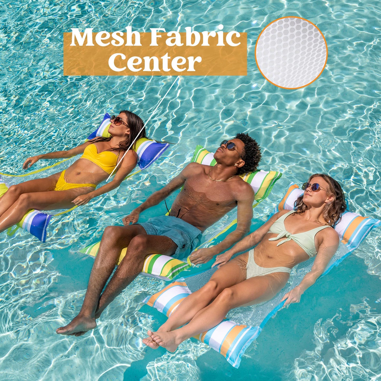 Sloosh 3 Pack Inflatable Pool Float Hck  Water Hck Lounges  Multi-Purpose Swimming Pool Accessories (Saddle  Lounge Chair  Drifter) for Pool  Lake  Outdoor  Beach (Dark Blue/Yellow/Orange)