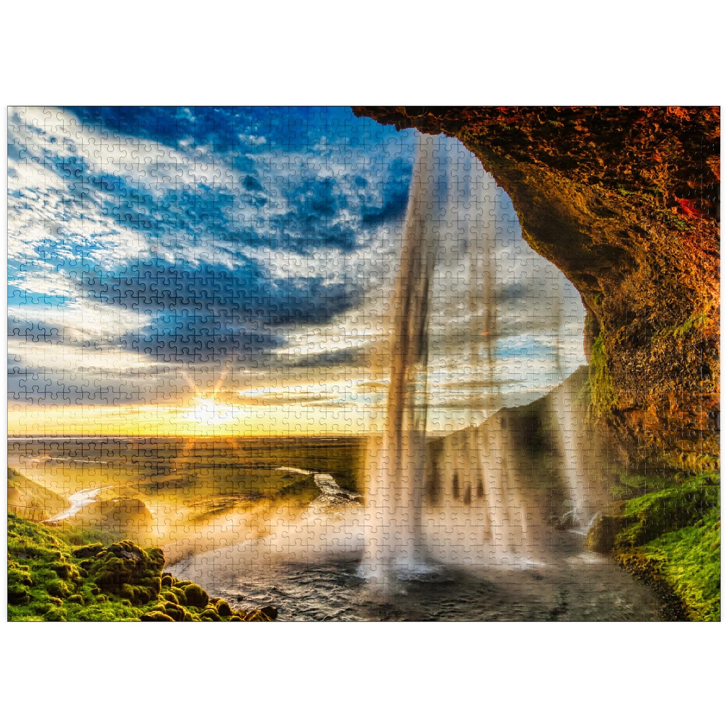 MyPuzzle 1000 Piece Jigsaw Puzzle - Seljalandsfoss Waterfall Sunset, Colorful Cardboard for Adults