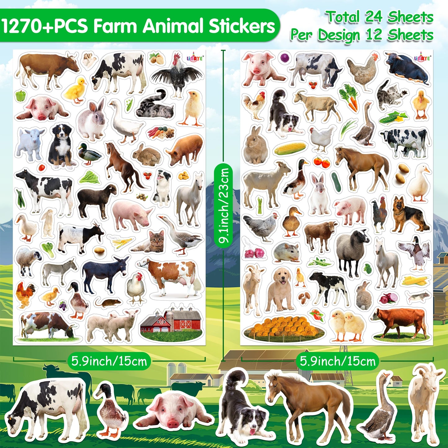 Linaye 24 Sheets Farm Stickers For Kids, 1270 Pcs Farm Animal Stickers For Scrapbooking,Water Bottles,Envelopes,Laptop, Cow Hors