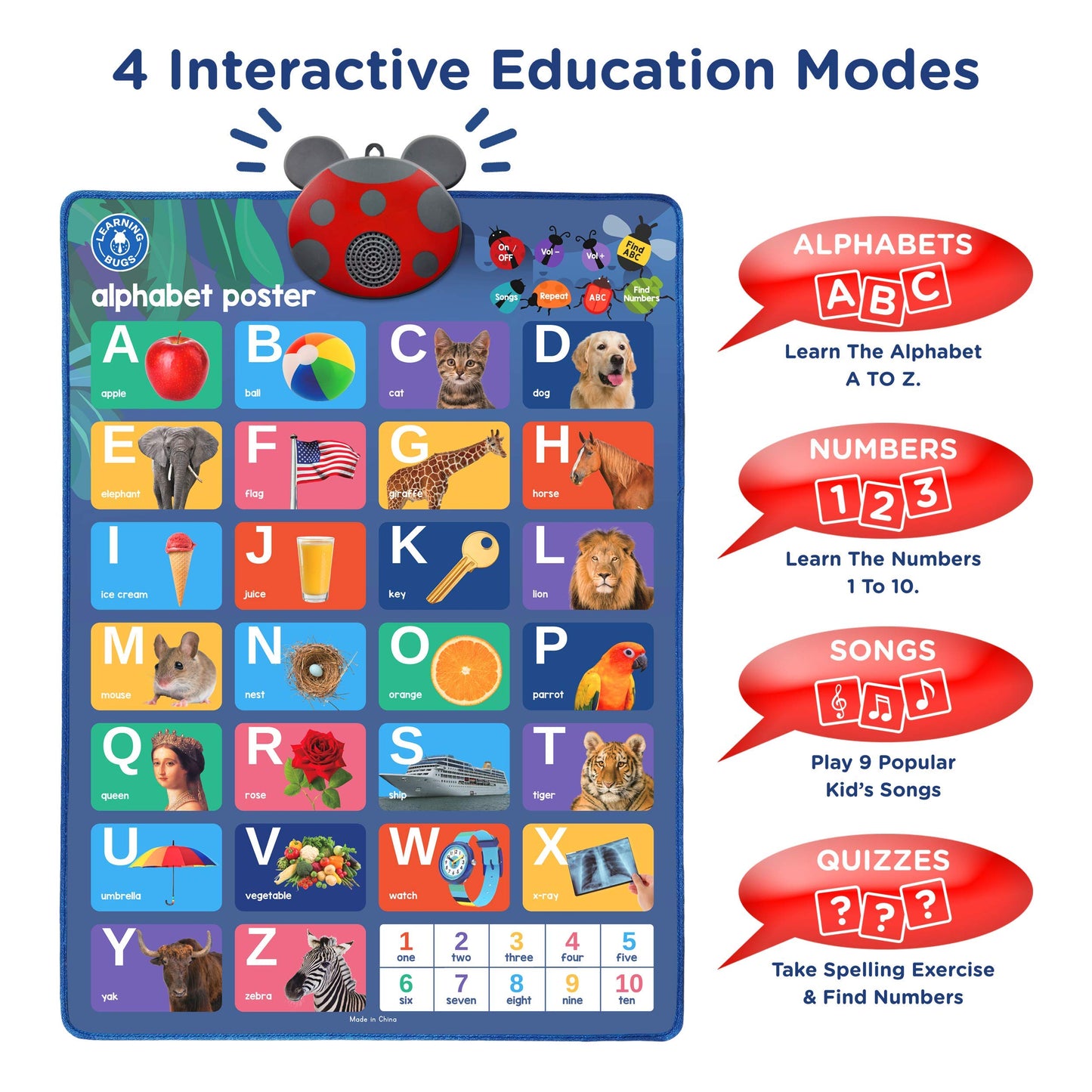Learning Bugs Interactive Abc & 123S Talking Poster & Musical Wall Chart, Educational Toy For Toddlers