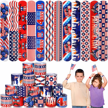 Junebrushs 4Th Of July Slap Bracelets, 56 Pcs Patriotic Party Favors For Kids Slap Bands Red White Blue Wristbands Snap Bracelet