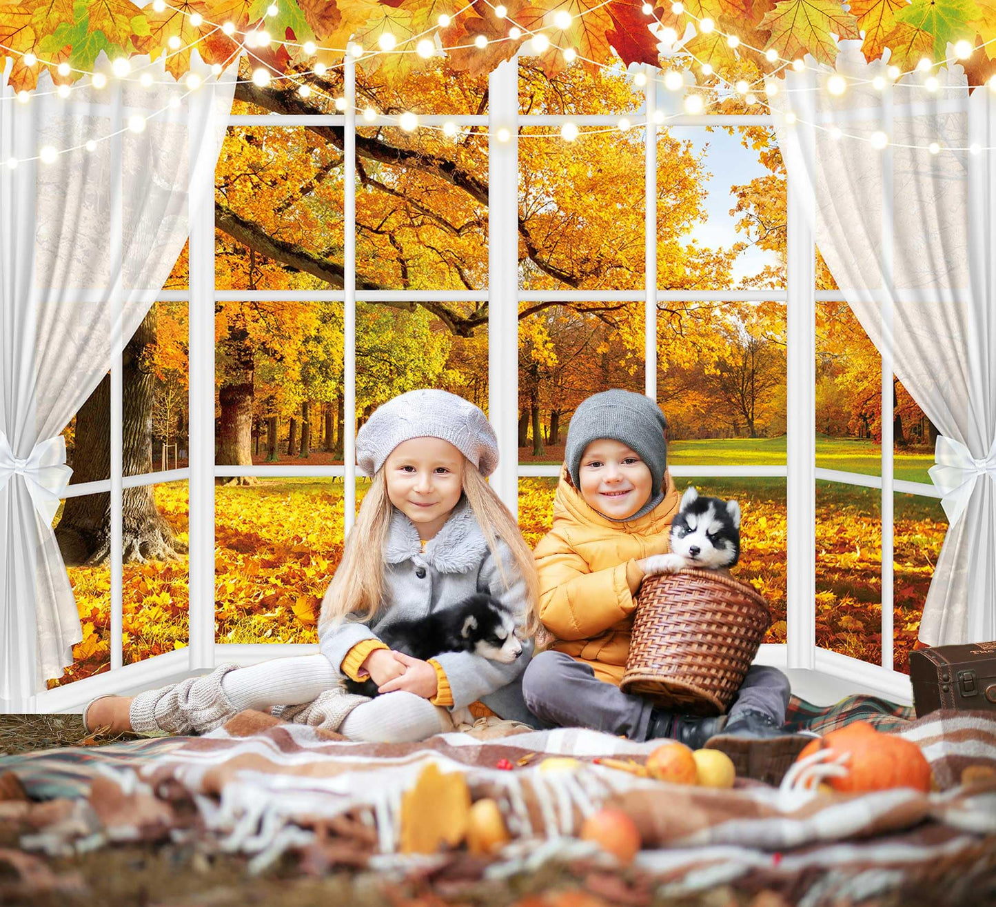 Autumn Window Photography Backdrop 8x6FT White Curtains Fall Forest Scene Background Autumn Thanksgiving Party Decorations Suppl