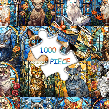 Pickforu Stained Glass Puzzles Cat Puzzles For Adults 1000 Pieces, Kitten Kitty Puzzles Collage Puzzles 1000 Pieces Hard, Impossible Challenging Jigsaw Puzzles,Colorful Mosaic Cats Puzzle