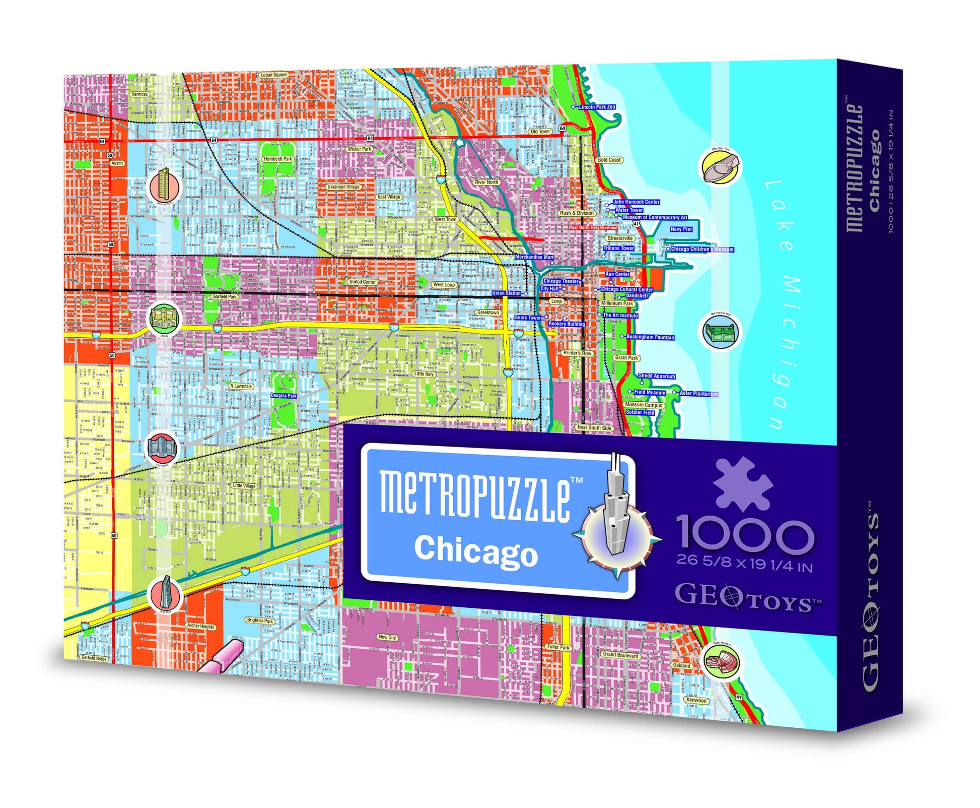 GeoToys Metropuzzle  Chicago Jigsaw Puzzles 1000 Pieces  Detailed City Map Geography Puzzle  Challenging mature-themed Puzzle  Fun Puzzles for mature-themeds  Family Puzzles  US City Map Poster Included
