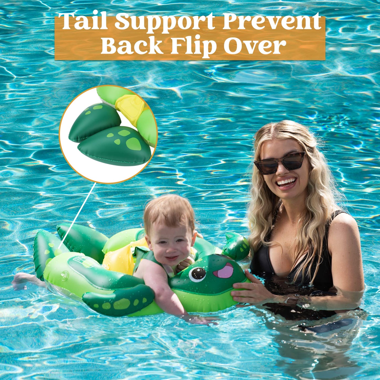 Sloosh Inflatable Baby Pool Float with Sun Canopy, Sea Turtle Design, Large, Green, PVC, Model 40597-L, for Ages 12-36 Months