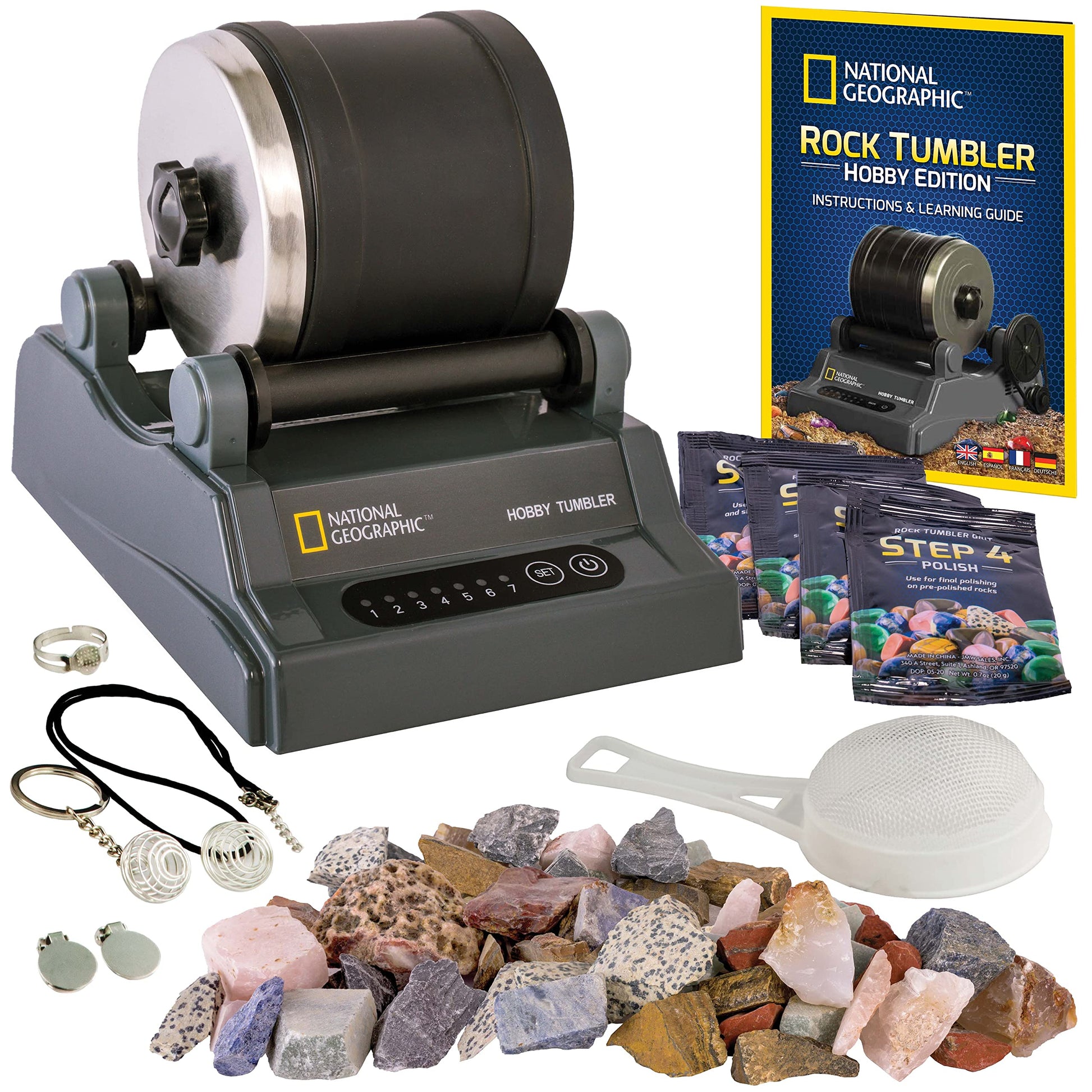 National Geographic Rock Tumbler Kit – Hobby Edition Includes Rough Gemstones, And 4 Polishing Grits, Great Stem Science Kit For Geology Enthusiasts, Rock Polisher For Kids And Adults