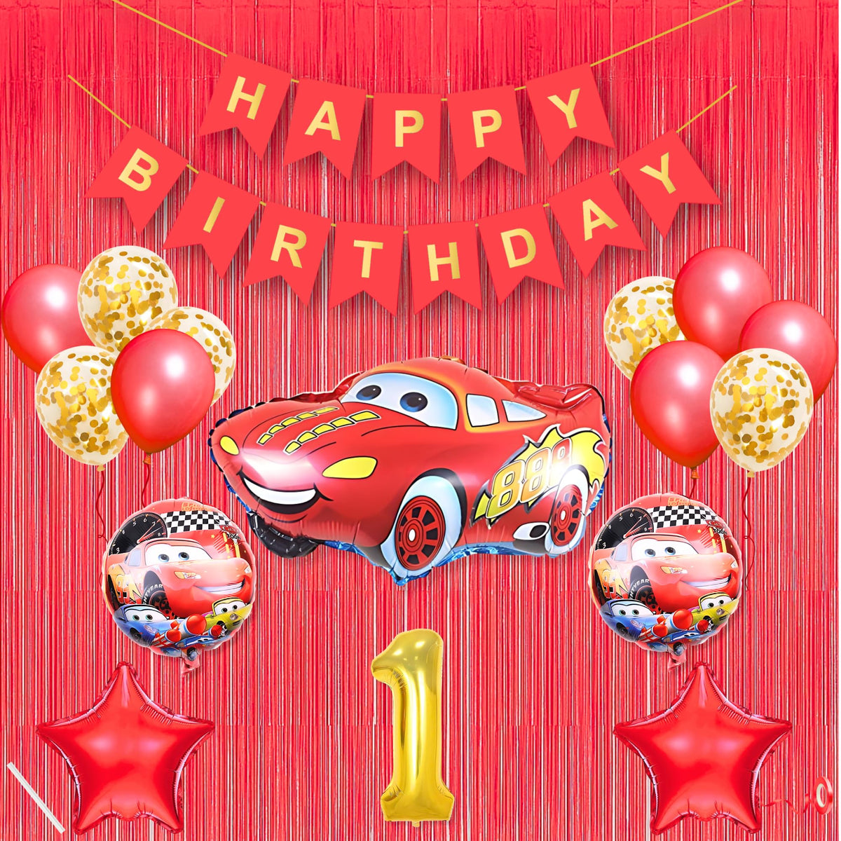 1St Car Theme Happy Birthday Banner Decoration Red For 1 Year Old Baby Boys Girls Kids 5 Pc Lightning Macqueen Theme 10 Pc Confe