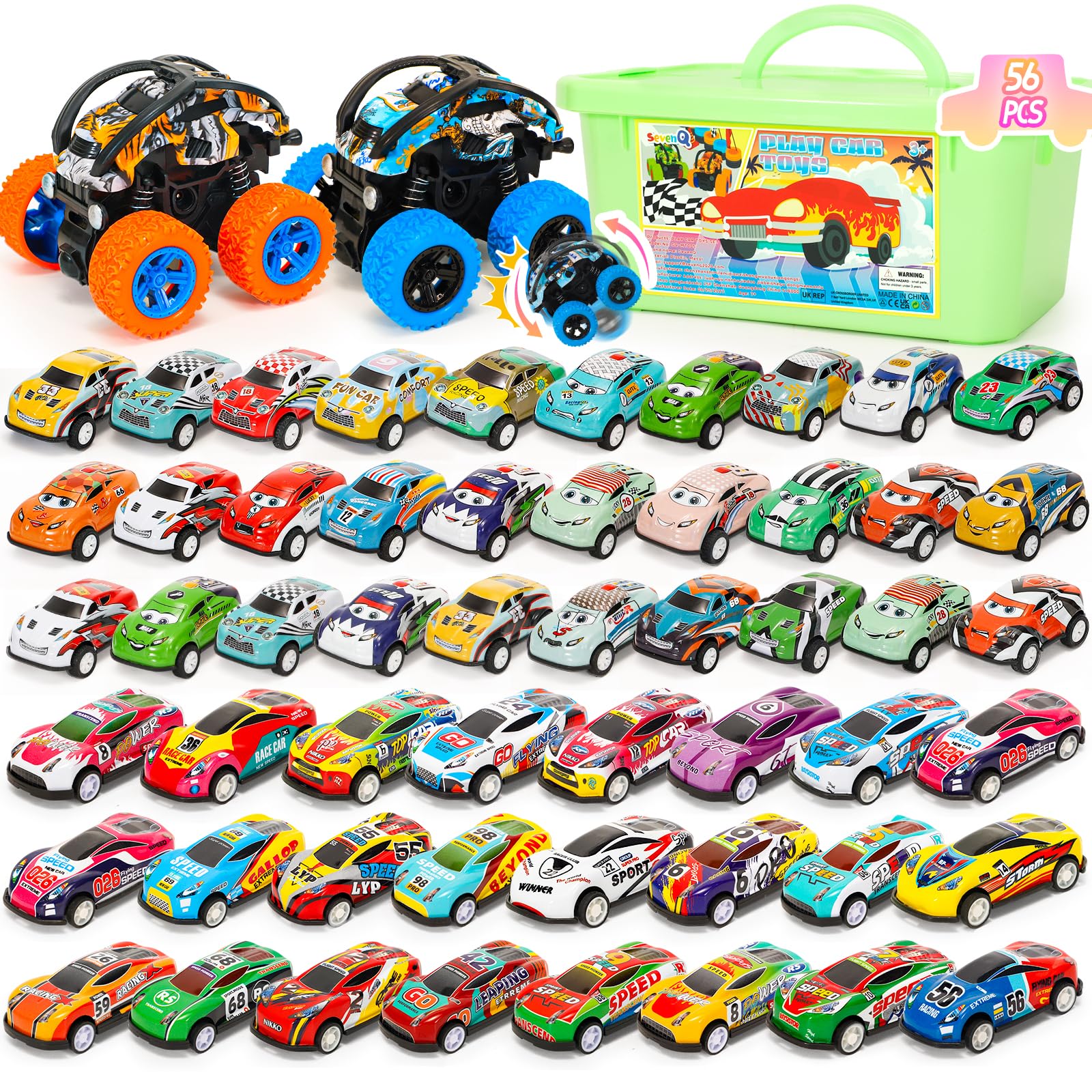 SevenQ Toy Cars for Kids Ages 4-8, 56Pcs Monster Truck Toys Pull Back Cars with Storage Box, Race Cars Party Favors for Toddler 