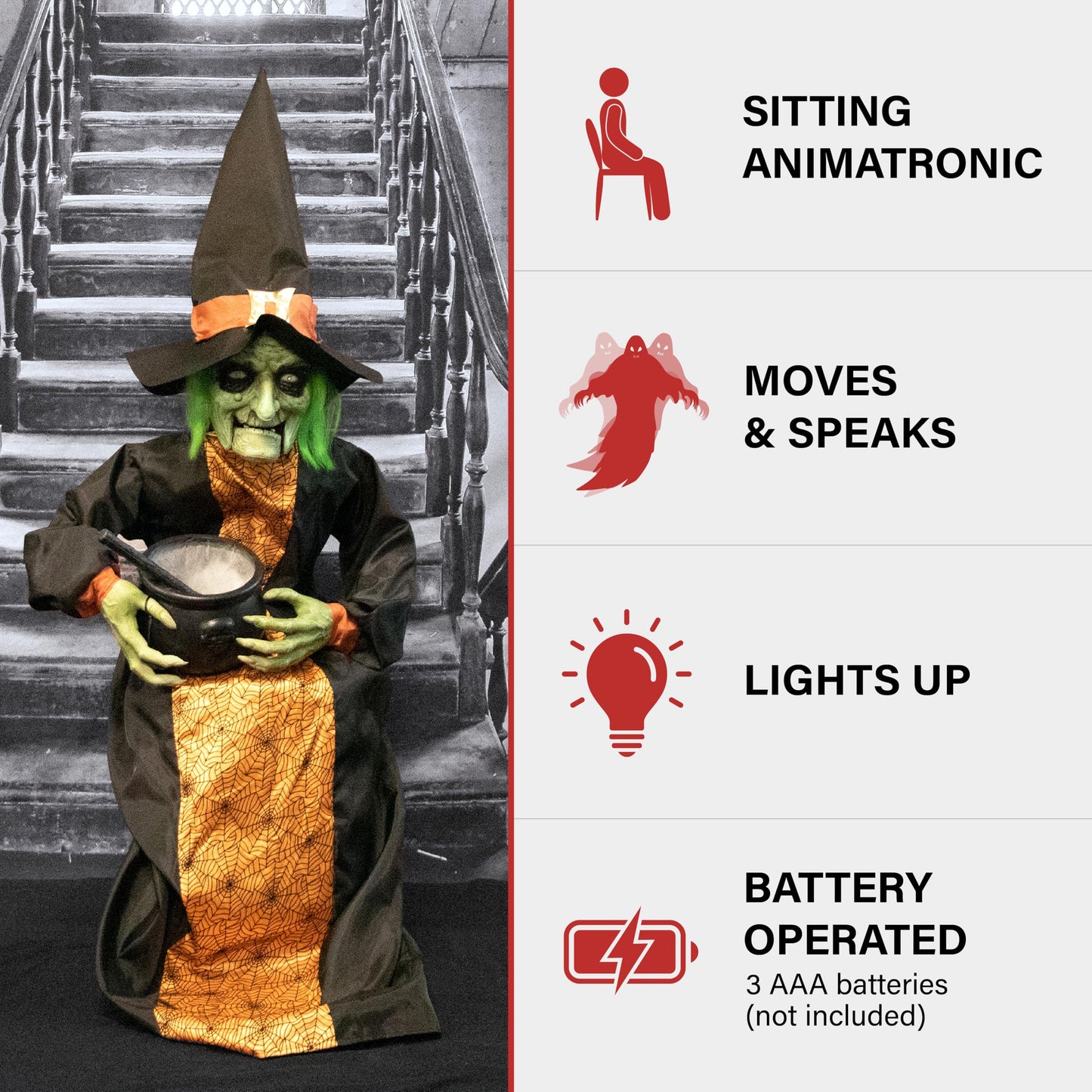 Haunted Hill Farm Sitting And Talking Witch Halloween Animatronic With Moving Mouth And Light-Up Mini Cauldron For Scary Halloween Decorations, Spooky Halloween Props, Perfect For Tabletop