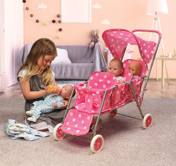 Badger Basket Folding Triple Doll Stroller For 18-Inch Dolls – Stylish Pink With Polka Dots, Lightweight And Convenient For Fun Playtime Adventures