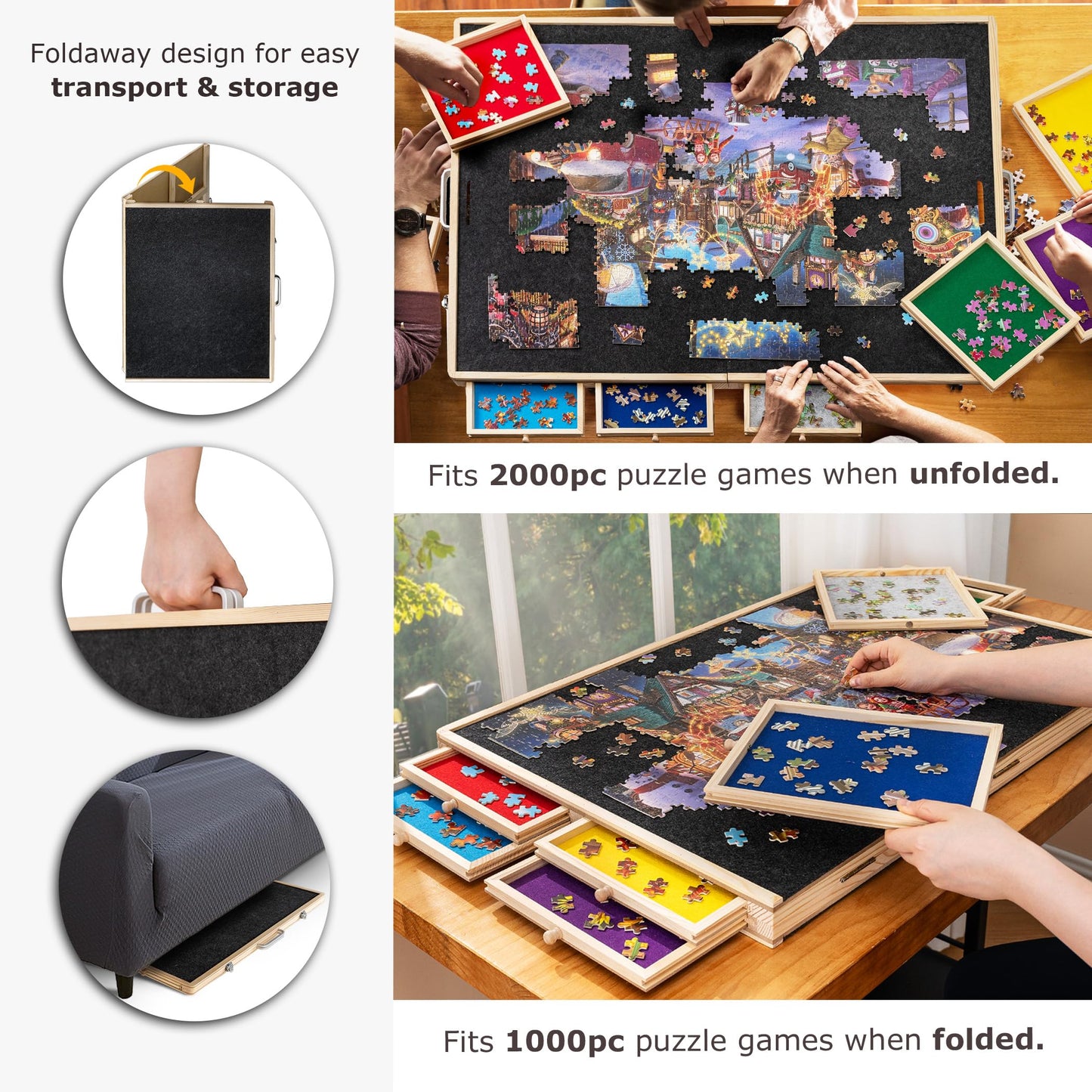 Tektalk Foldable Puzzle Board with Cover, 2000 Piece Capacity, Gray, MDF & Pine, Model WGPTB038, Includes 8 Sorting Trays