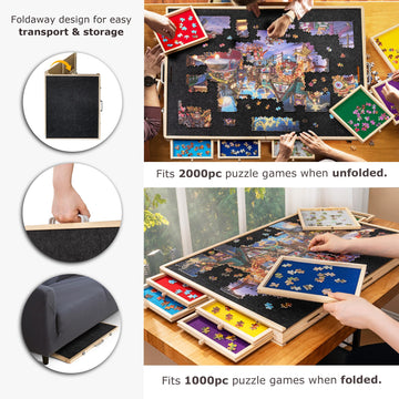 Tektalk Foldable Puzzle Board with Cover, 2000 Piece Capacity, Gray, MDF & Pine, Model WGPTB038, Includes 8 Sorting Trays