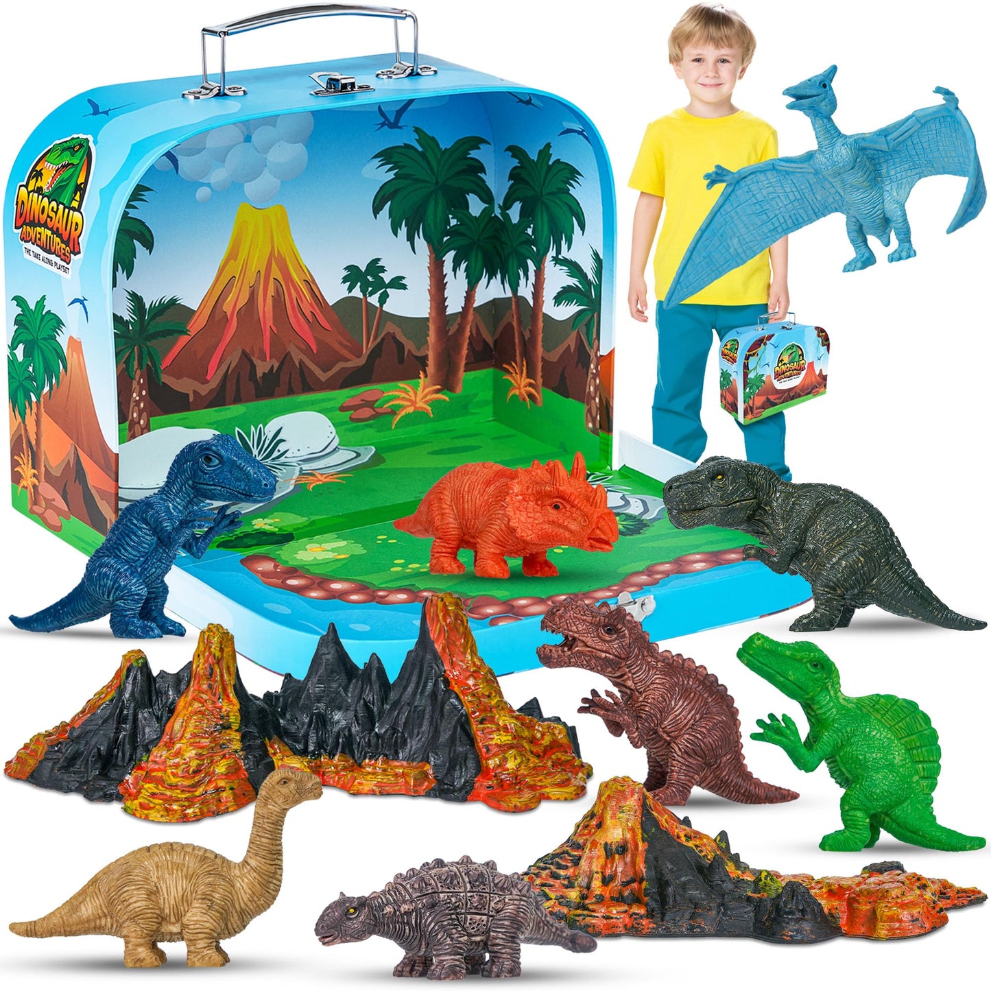 Team Power Dinosaurs Carry Case Set - With Play Scenery Inside, 8 Dinosaur Figures & 2 Volcanic Landscape | Toddler Toys| Dinosa