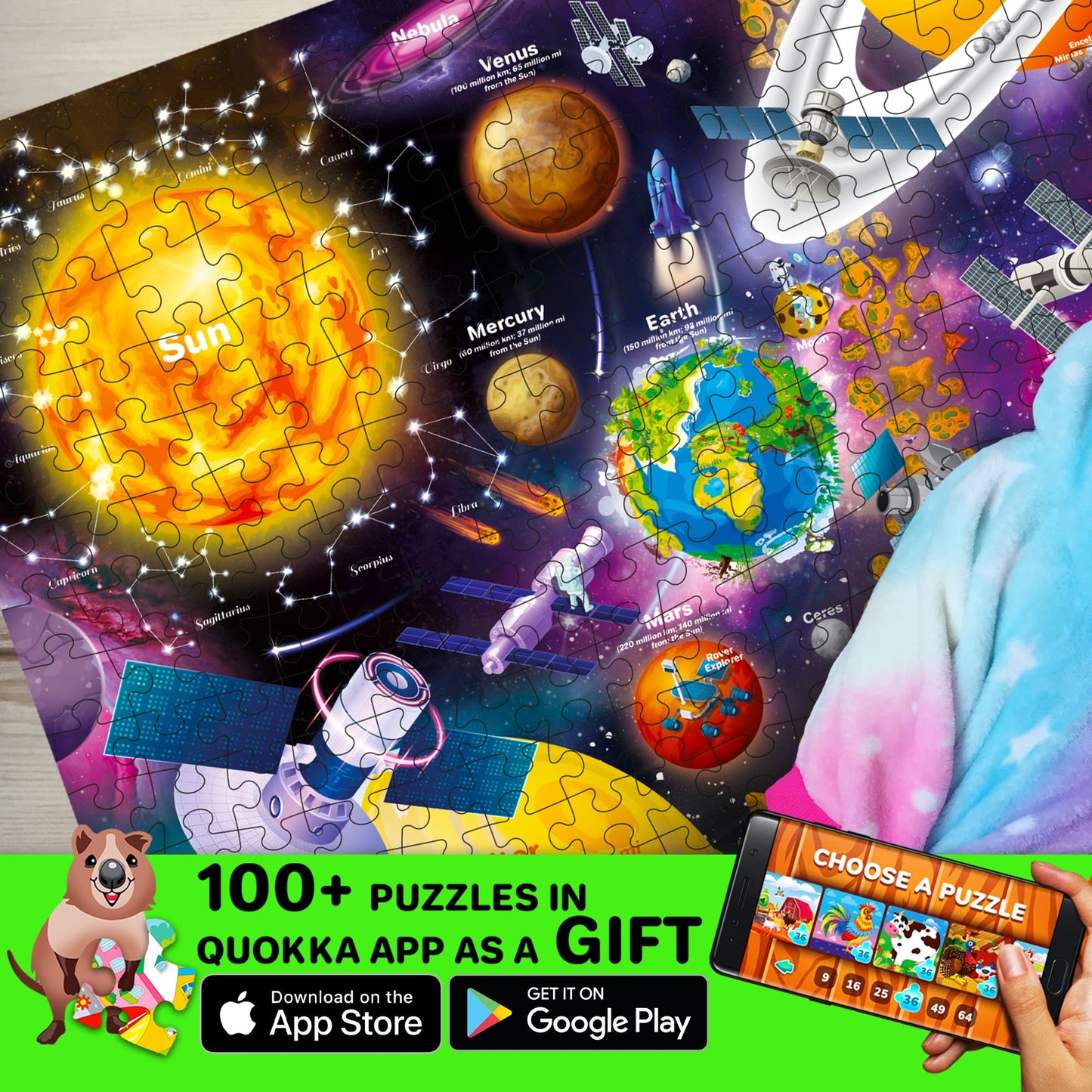 Quokka 300 Piece Floor Puzzles For Kids Ages 10-12 - 3X Set Floor Jigsaw Puzzles Large Pieces - Learning Space Usa And World Maps - Gift Game For Adults Family Boys And Girls 8-10 Year Olds