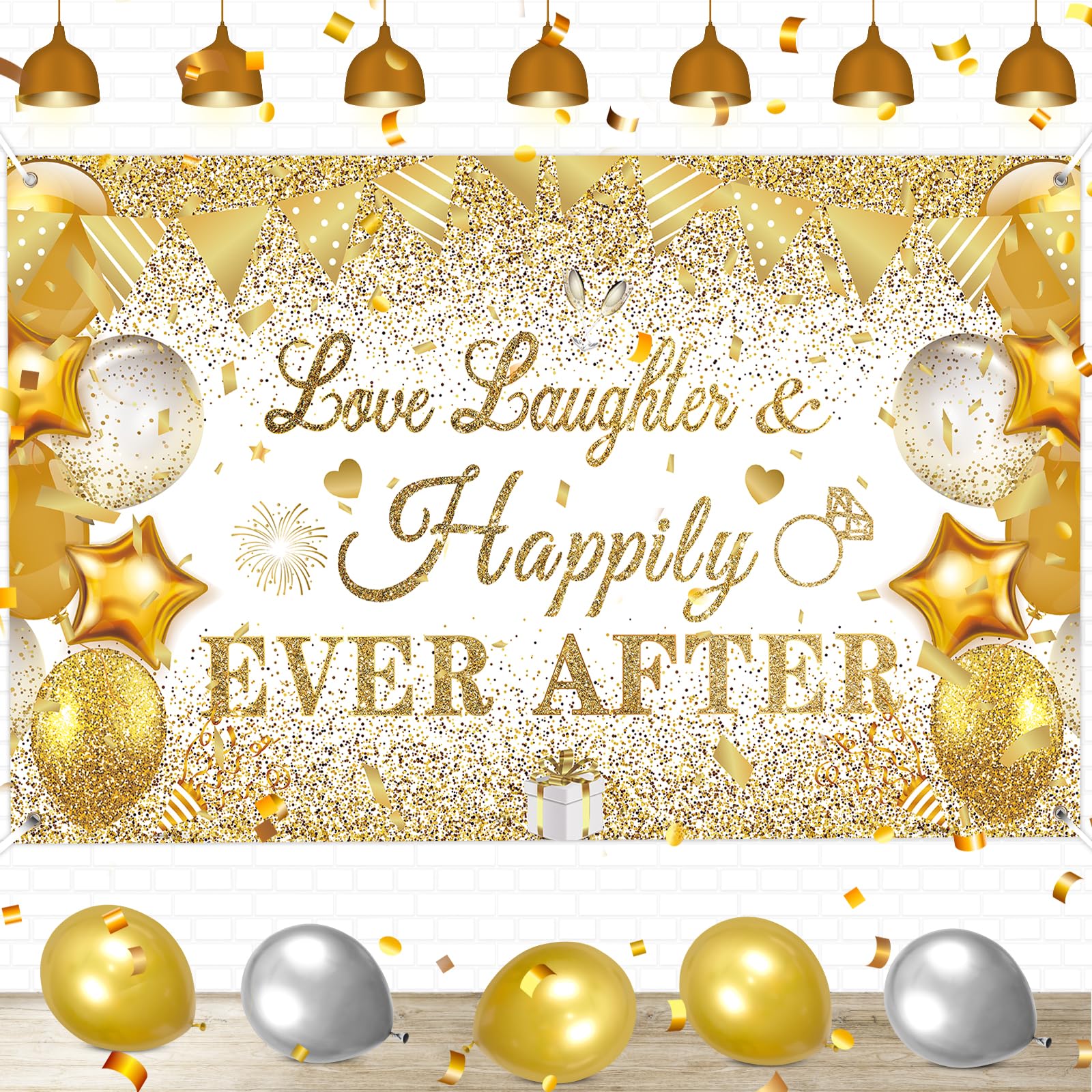 White Gold Bridal Shower Decorations Love Laughter and Happily Ever After Banner Backdrop Wedding Shower Banner Happily Ever Aft
