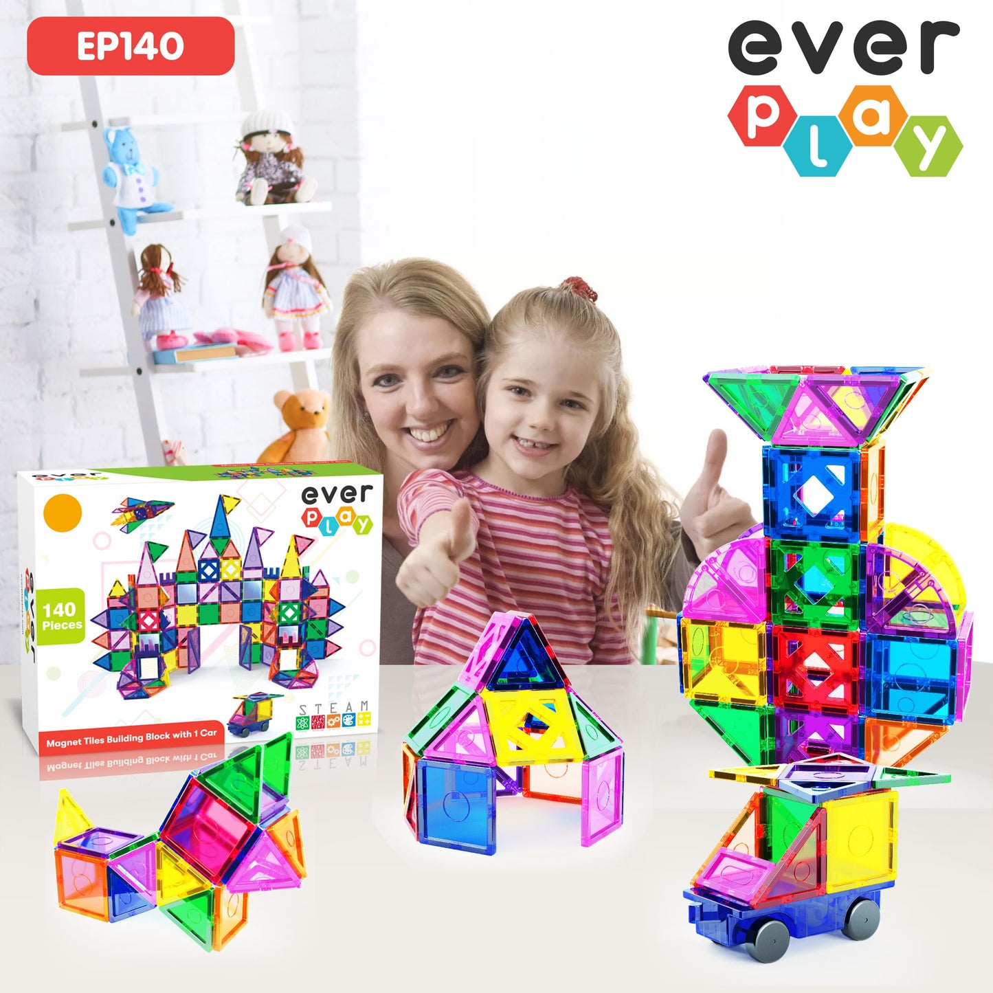 Everplay 140 pc Castle Rocket Magnetic Tiles with Car Set Building Block Toys STEM Educational Learning Magnet Toy Preschool Mon