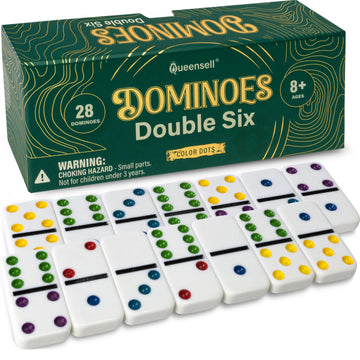 Queensell Dominos Set For Adults With Colored Dots - Double 6 Dominoes Set Is A Classic Board Games For Kids And Adults - Double