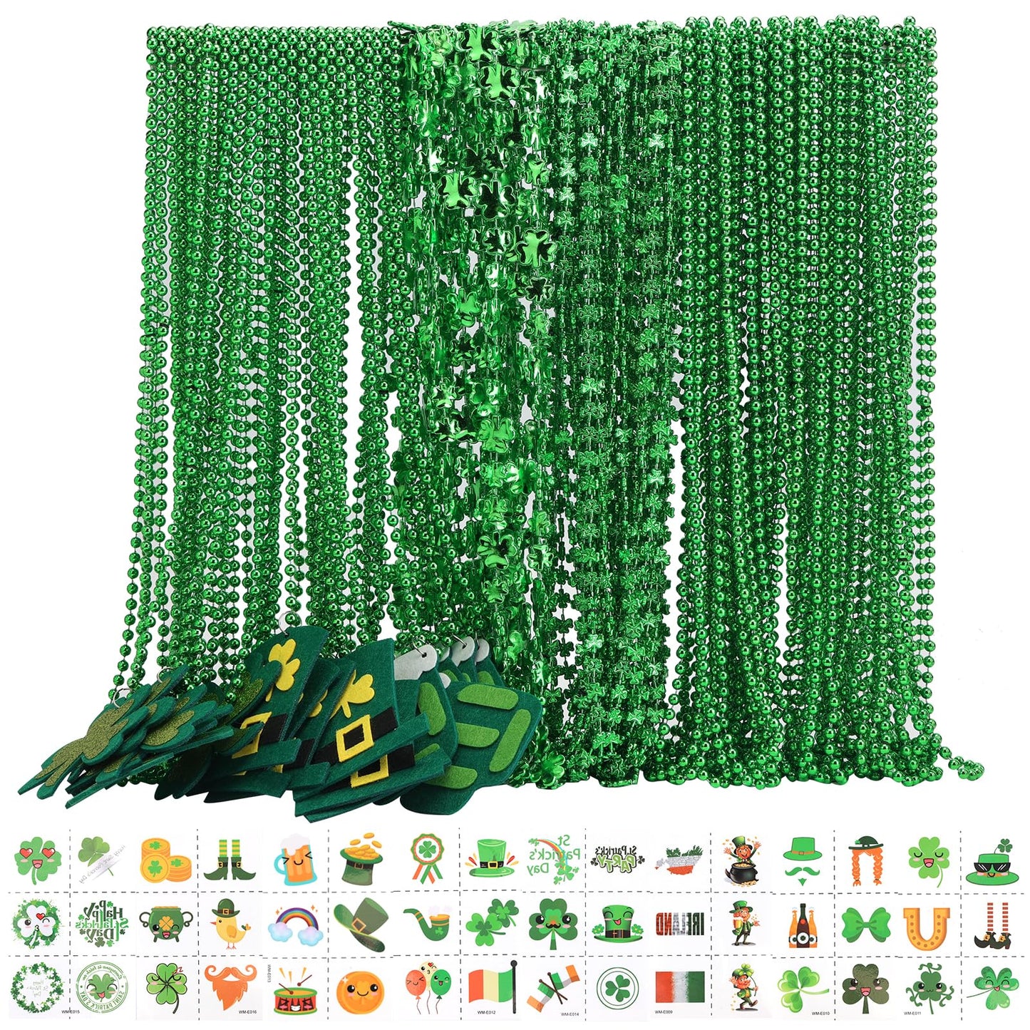 Becfupo 196Pcs St. Patrick's Day Accessories: 100 Pcs Metallic Green Beaded Necklaces & 96 Pcs Temporary Tattoo Stickers - Irish