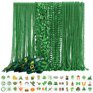 Becfupo 196Pcs St. Patrick's Day Accessories: 100 Pcs Metallic Green Beaded Necklaces & 96 Pcs Temporary Tattoo Stickers - Irish