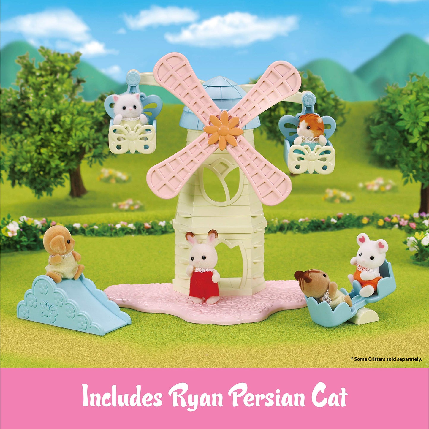 Calico Critters Baby Windmill Park, Dollhouse Playset With Persian Cat Figure Included Includes Windmill With Swing, Slide, Seesaw And Figure Medium