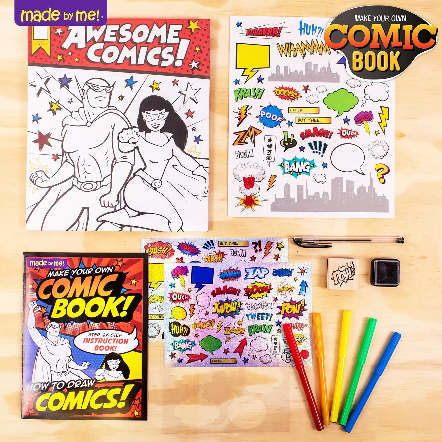 Made By Me Make Your Own Comic Book Storytelling Kit For Kids, 15-Page, Hardcover, How-To Draw Instructional Guide, Comic Inspired Stickers & Stamp, Holographic Stickers, 5 Vibrant Markers