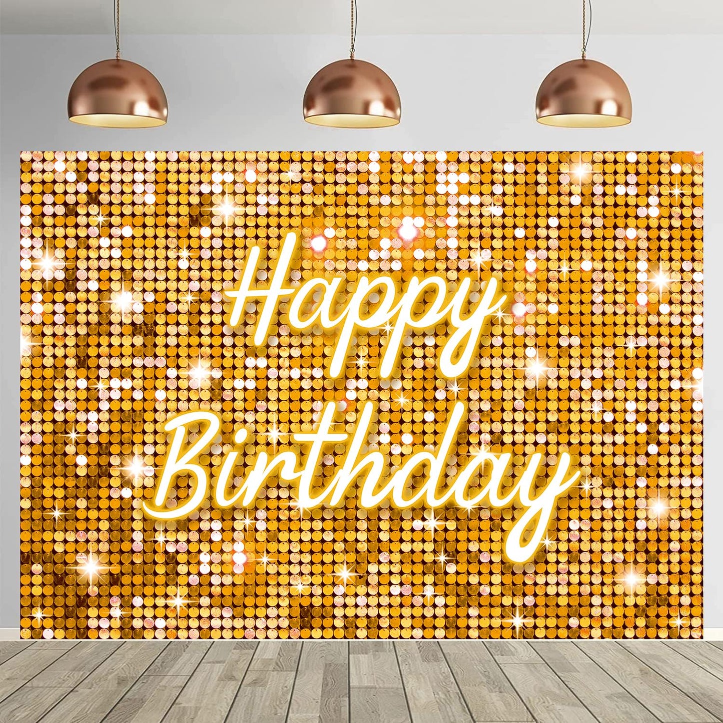 Gold Flash Square Wall Backdrop for Photography Golden Happy Birthday Glitter Sequin Shimmer Background Sweet 16 Girls Woman 20t