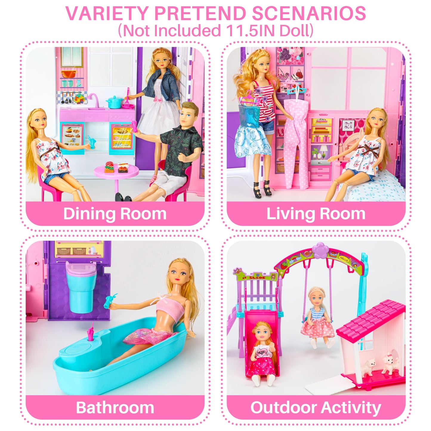 Style Shine Doll House Portable & Foldable Dollhouse W/ 60+ Pcs & 2 Dolls, Play House Toy With Bedroom Bathroom Kitchen Furnitur