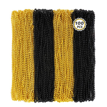 100 Pcs New Years Beads Bulk, 33'' Mardi Gras Beads Necklaces, Congrats Grad Beads Necklaces, Blackgold Parade Throw Supplies Gr