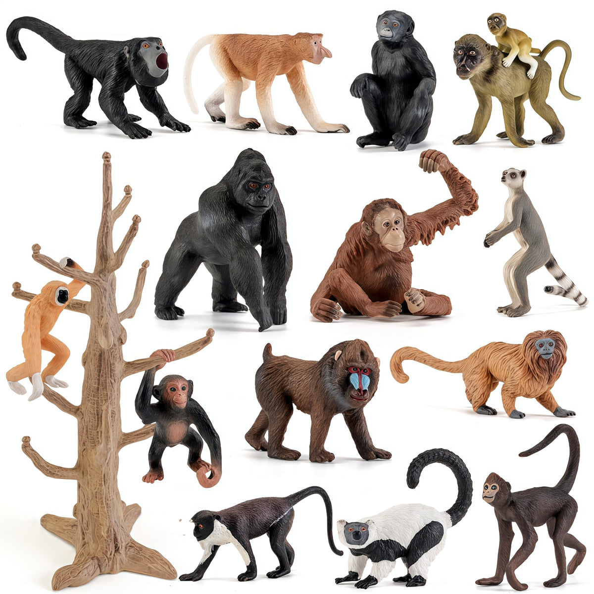 15Pcs Monkey Primates Figurines Tree Ape Chimpanzee Orangutan Toys for Kids