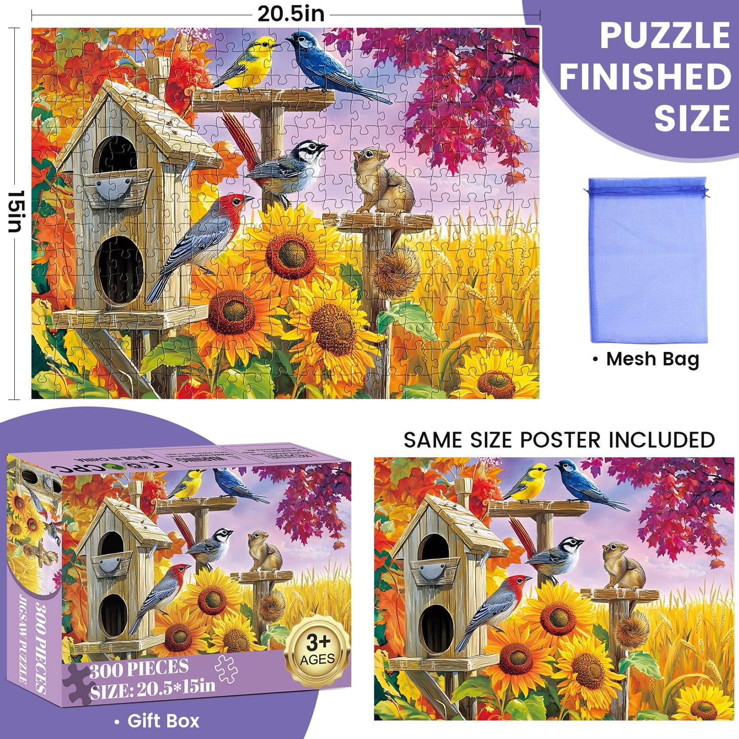 Jigsaw Puzzles 300 Pieces for mature-themeds Farm Birds Puzzle for mature-themeds Kids Seniors Recycled Cardboard Large Piece Puzzle 300 Piece Family Activity Great Gift for Family Friends 20.5 * 15 in
