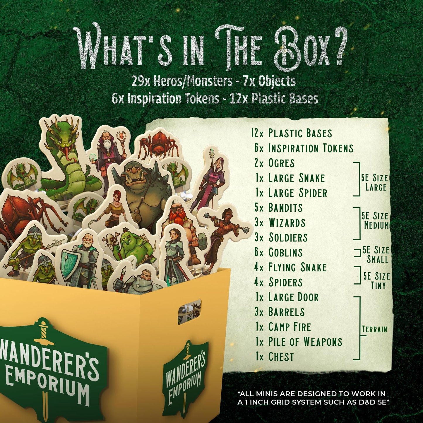 Wanderers Emporium Hard Flat Minis for DND | 28mm-32mm Scale | Cardboard | Model WEstandees1 | Essentials Pack of 36 Miniatures