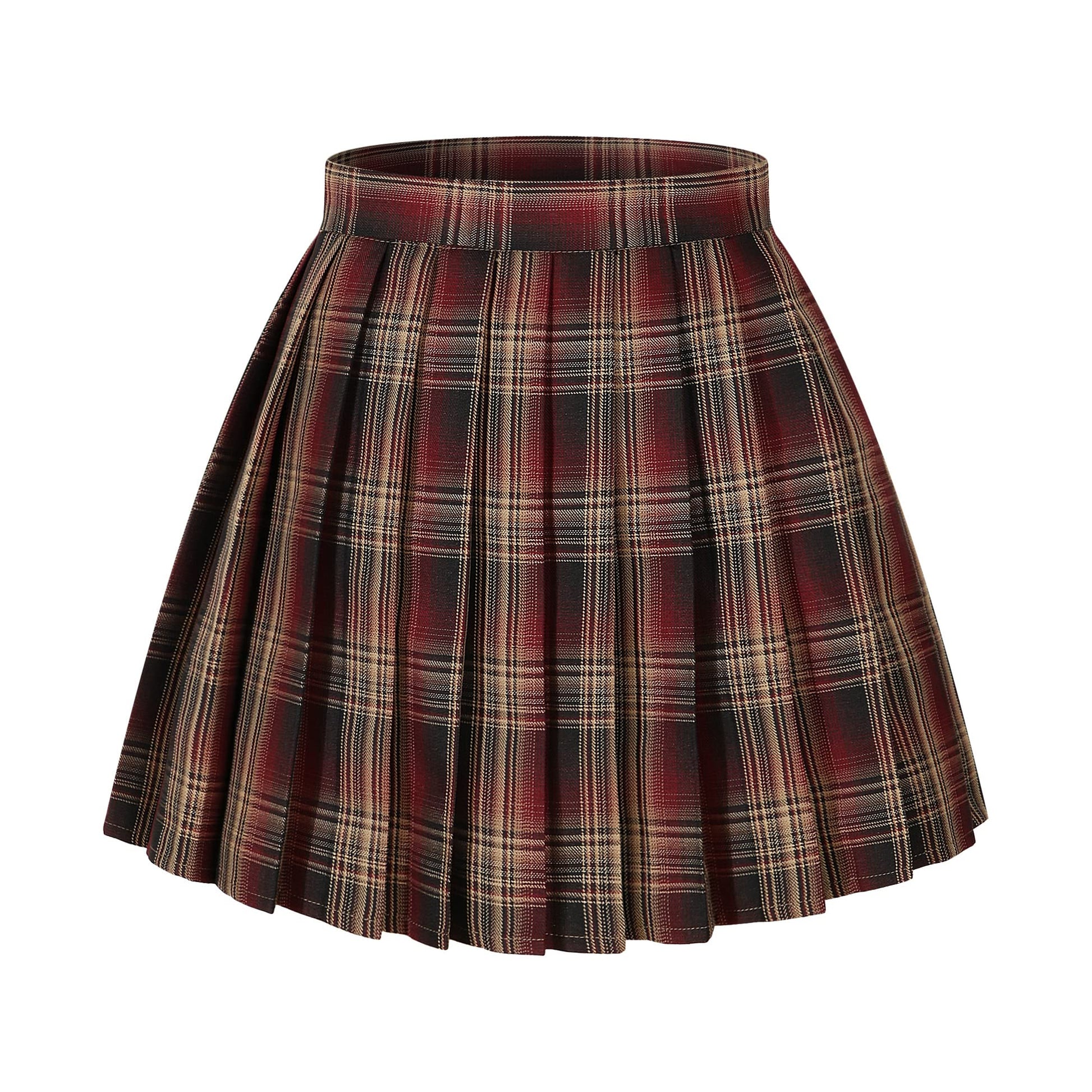 Girlss Short Pleated Plaid Costumes Skirt(Red Mixed Beige White,Medium)