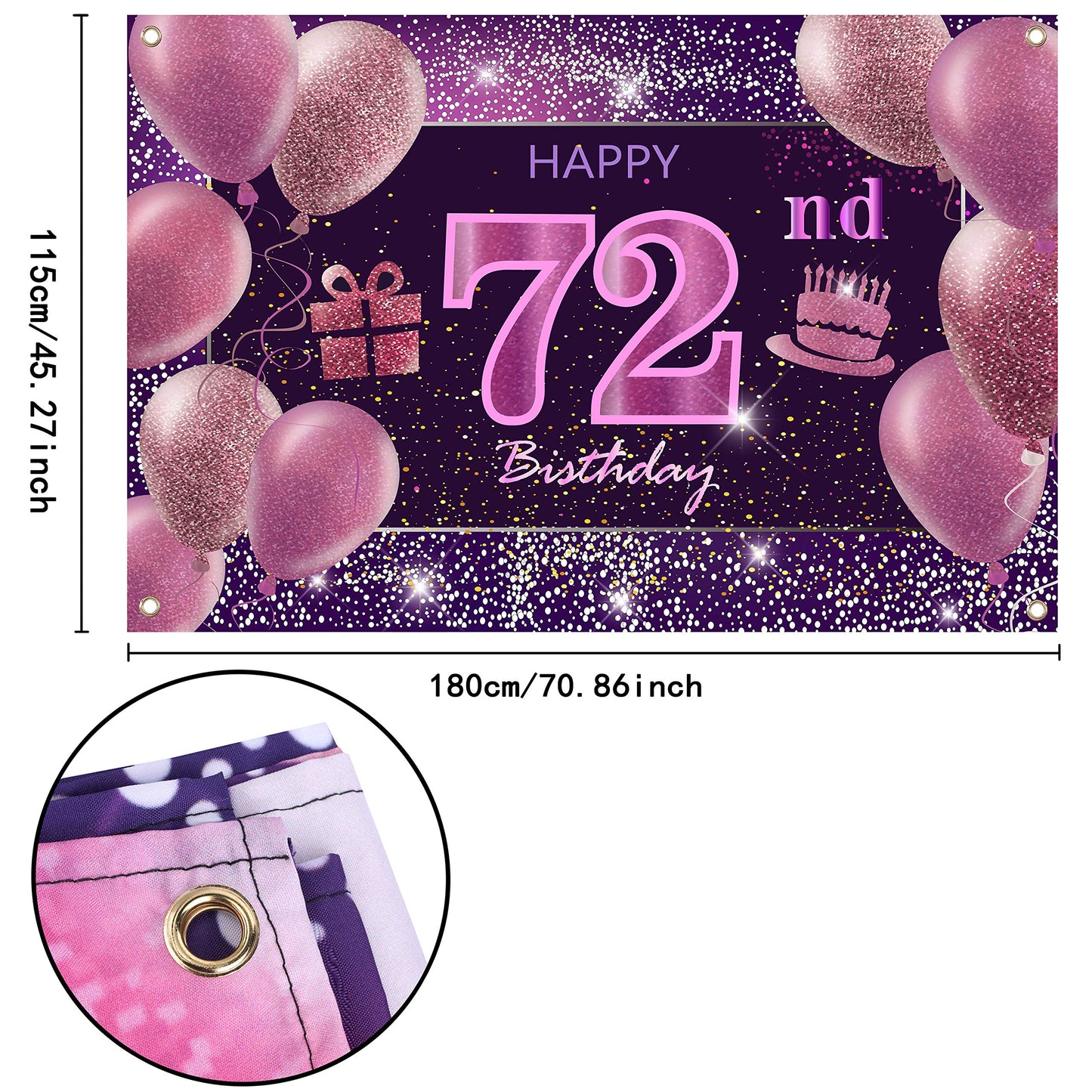 IMISI 72nd Birthday Decorations - Happy Birthday Banner, Pink Gold Polyester Backdrop for Women's Party