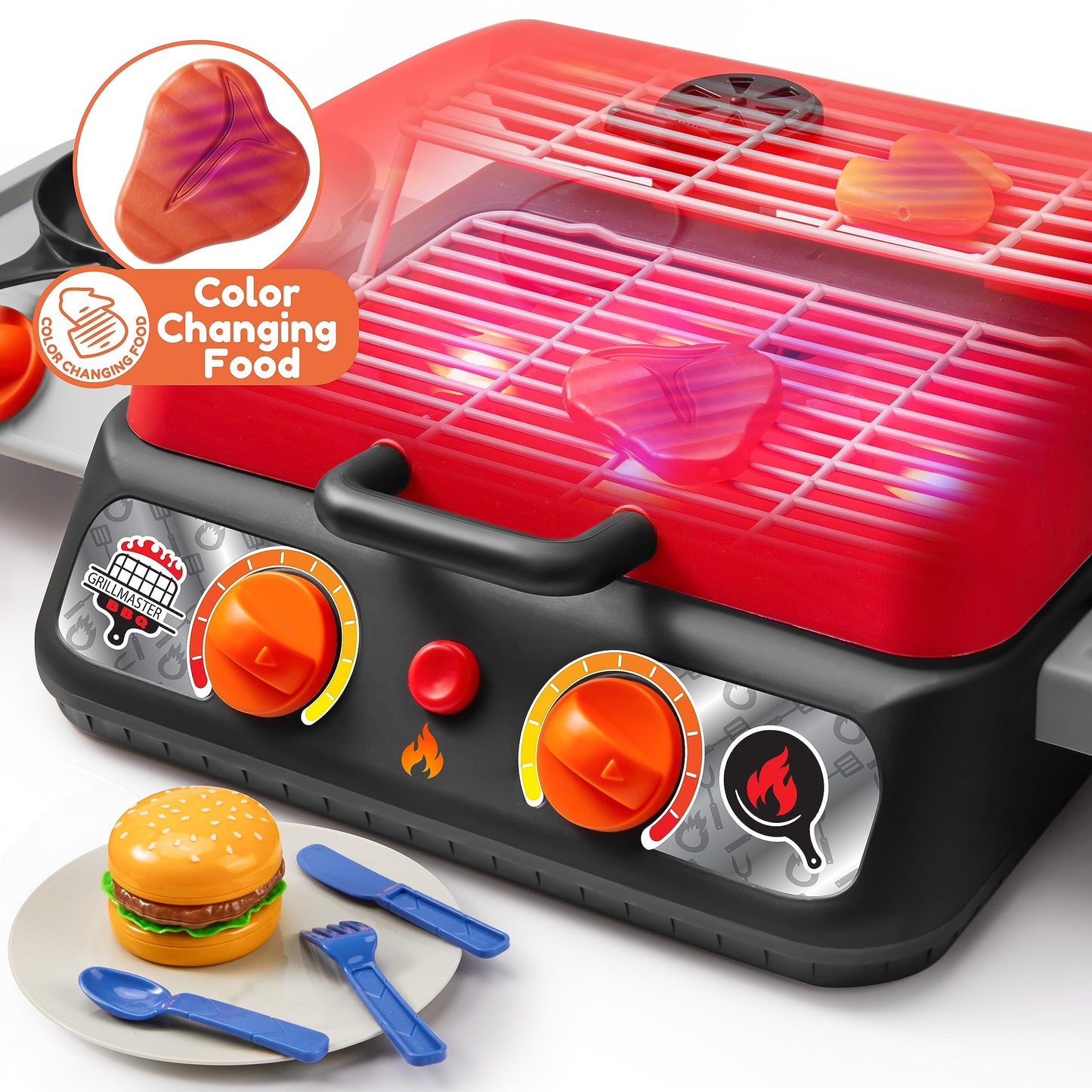 Kids BBQ Grill Playset, Kitchen Toy Set with Pretend Smoke, Light, Sound & Color-Changing Food, Toy Kitchen Accessories, Indoor