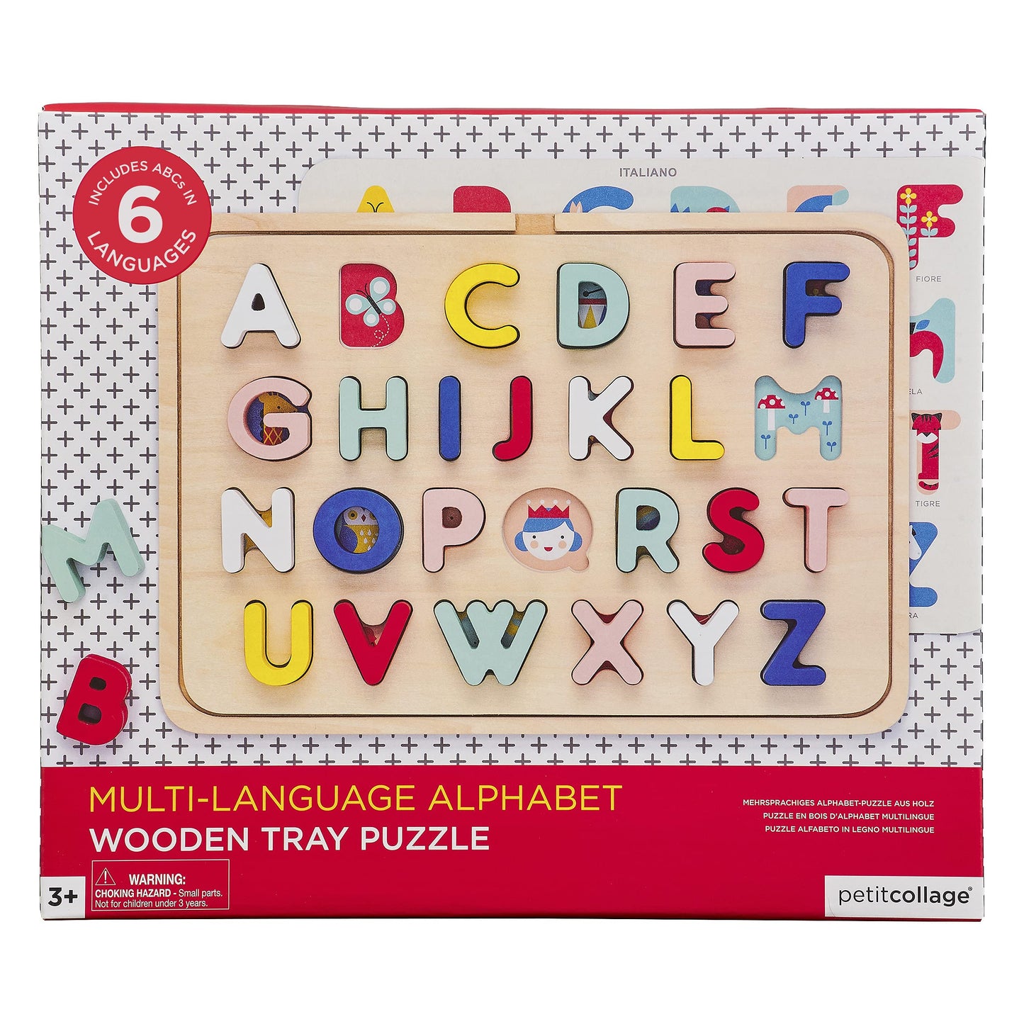 Petit Collage Multi-Language Alphabet Wooden Jigsaw Tray Puzzle – Abc Puzzle With 26 Letter Pieces And 4 Icon Sheets, Language Development Toys In English, French, Italian & German, Ideal For Ages 3+