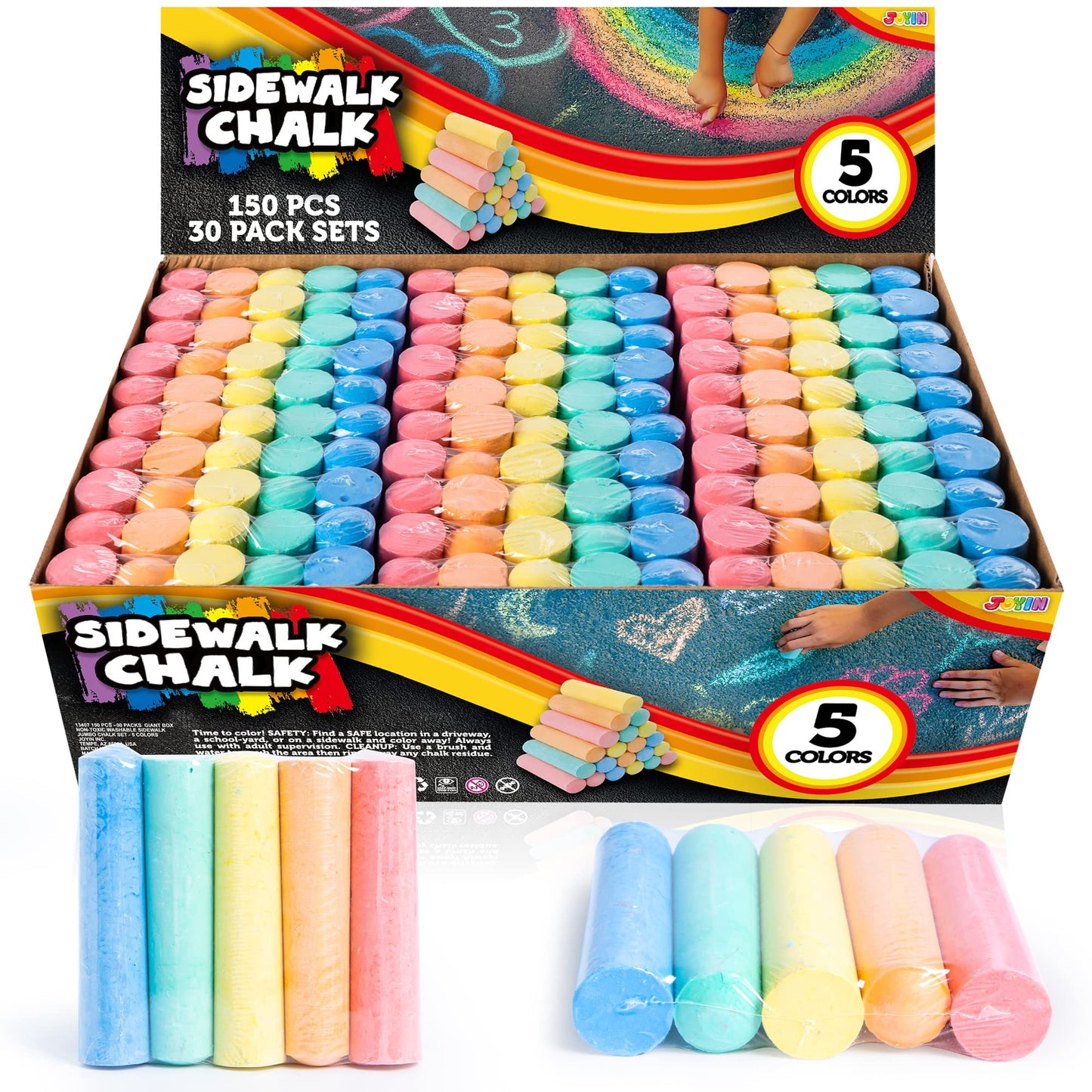 JOYIN 150 Pcs Sidewalk Chalk Set in 30 Packs, 5 Colors, Giant Box Non-Toxic Jumbo Washable Chalk for Outdoor Art Play, Painting 