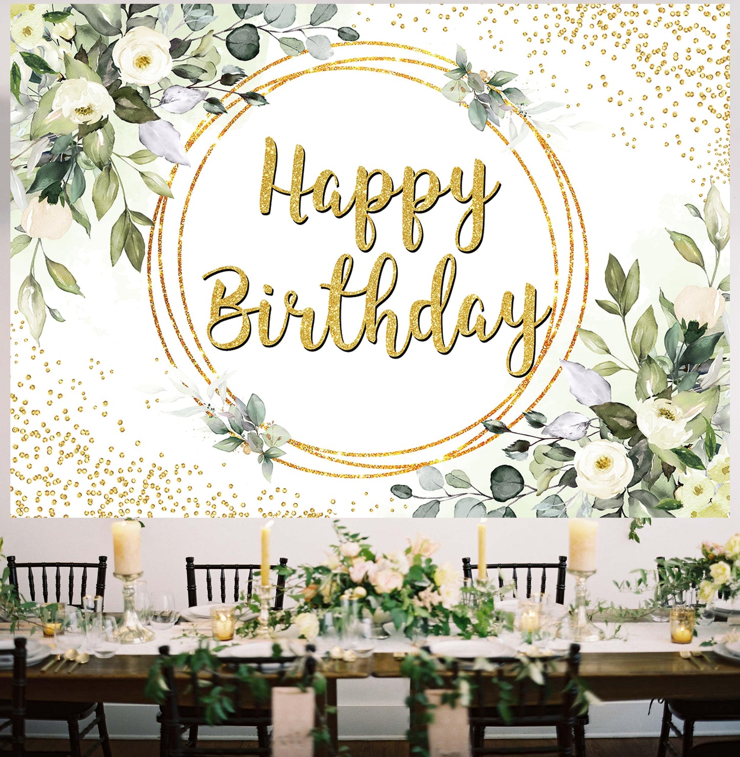 Green Happy Birthday Backdrop Greenery Succulent and Gold Eucalyptus Green Leaves Photography Background Jungle Boys Girl Women