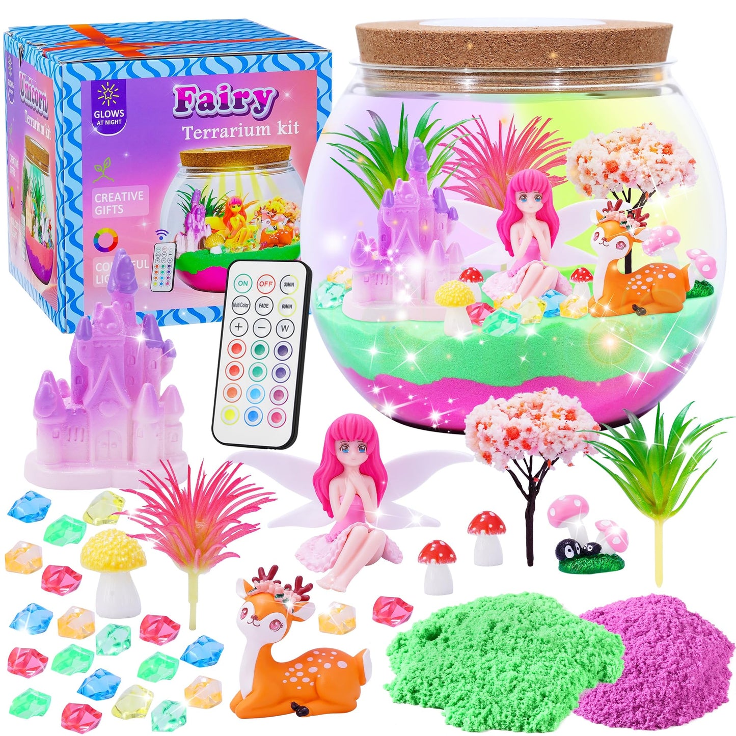Gifmore Fairy Terrarium Kit for Kids with LED Night Light & Remote Control, Fairy Toys & Arts and Crafts for Girls Ages 4-12, Cr