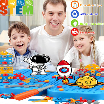 AquaArcc Drill Toy for Boys Age 4-8, 351pc Kids Montessori Construction Toy Electric Drill Toy with Fix Tool Box, Boys Toy Space