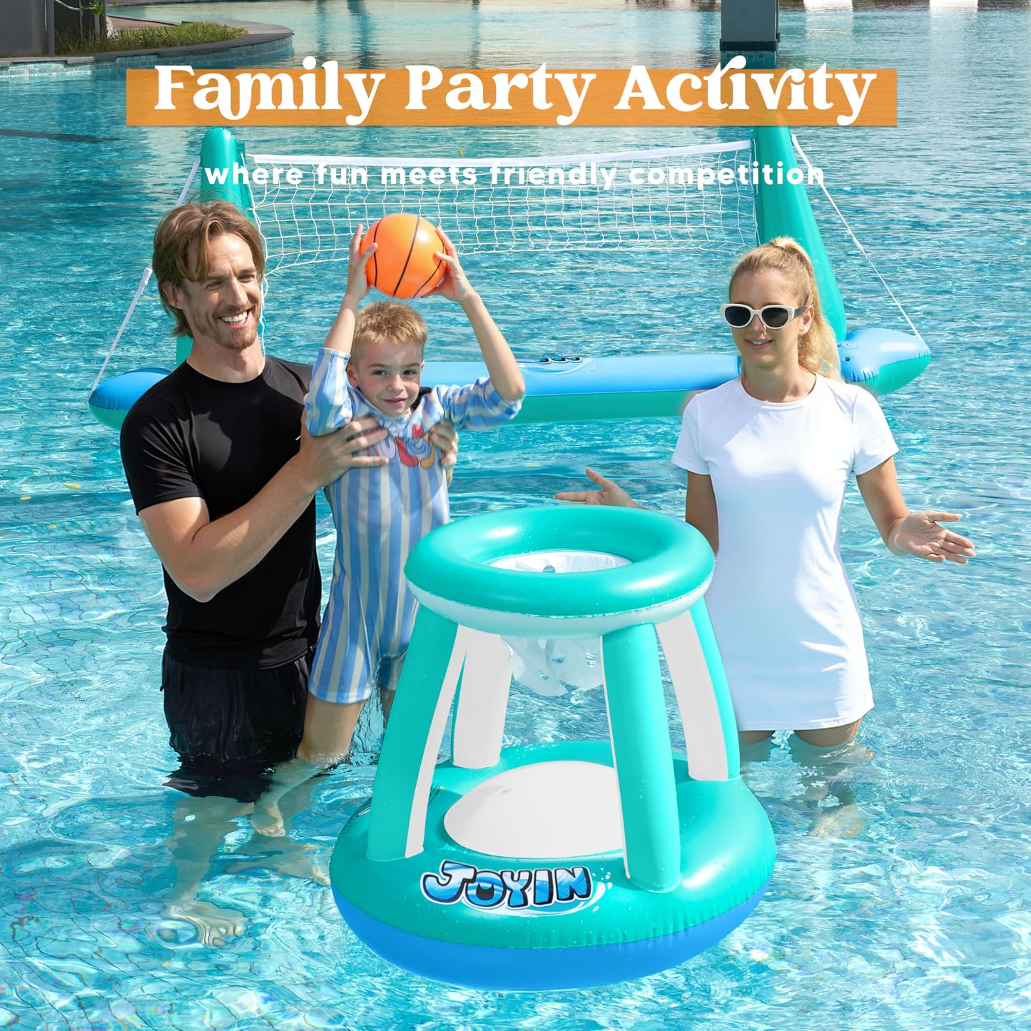 JOYIN XL Inflatable Pool Float Set, 125'' Volleyball Net & Basketball Hoops, Extra Large Floating Swimming Game Toy for Kids and