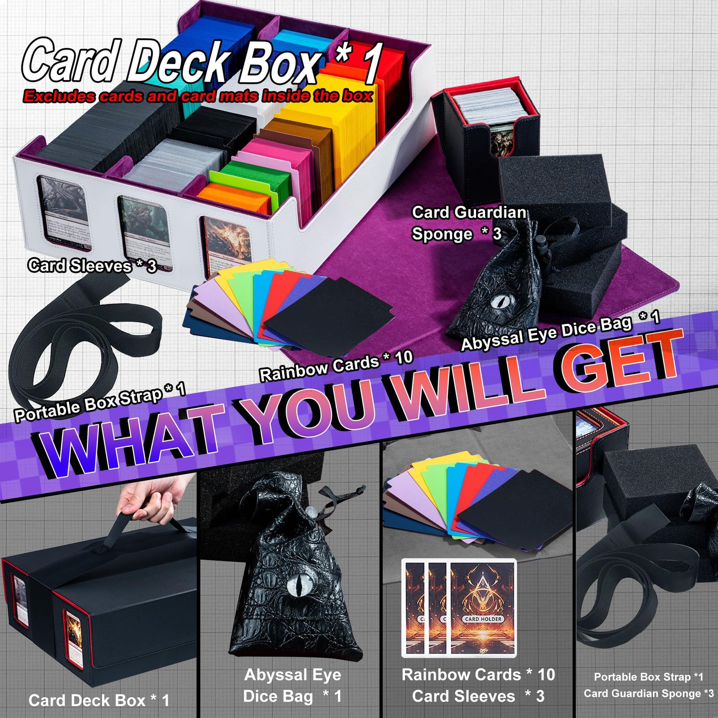 Extra Large Card Storage Box Holds 3600+ Cards Compatible with 12 Small Deck Boxes, Includes Cthulhu Dice Bag, 10 Colorful Divid