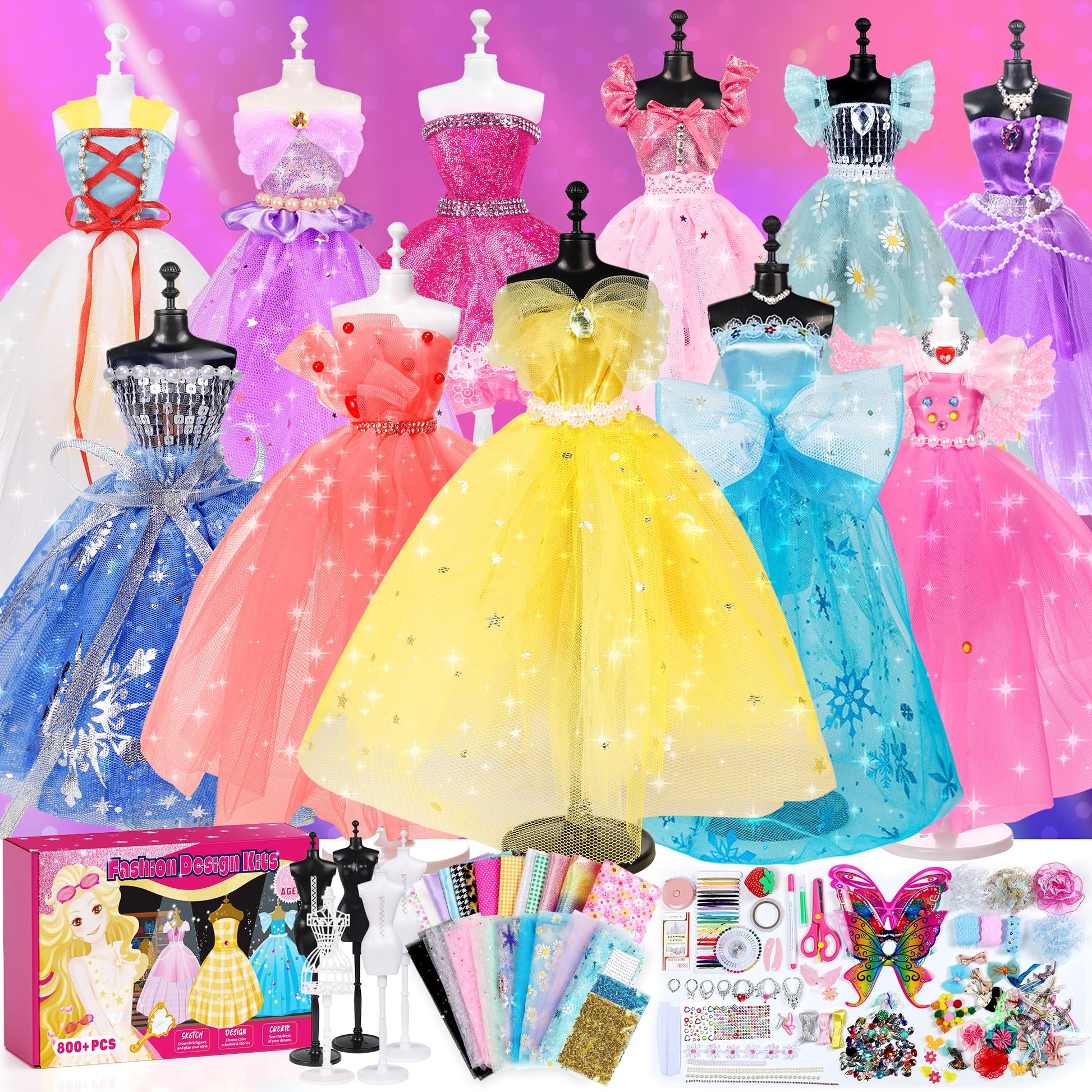 YEETIN 800+ PCS Fashion Designer Kit for Girls - DIY Sewing & Arts Craft Kit with 5 Mannequins, Doll Clothes Making Set, Learn t